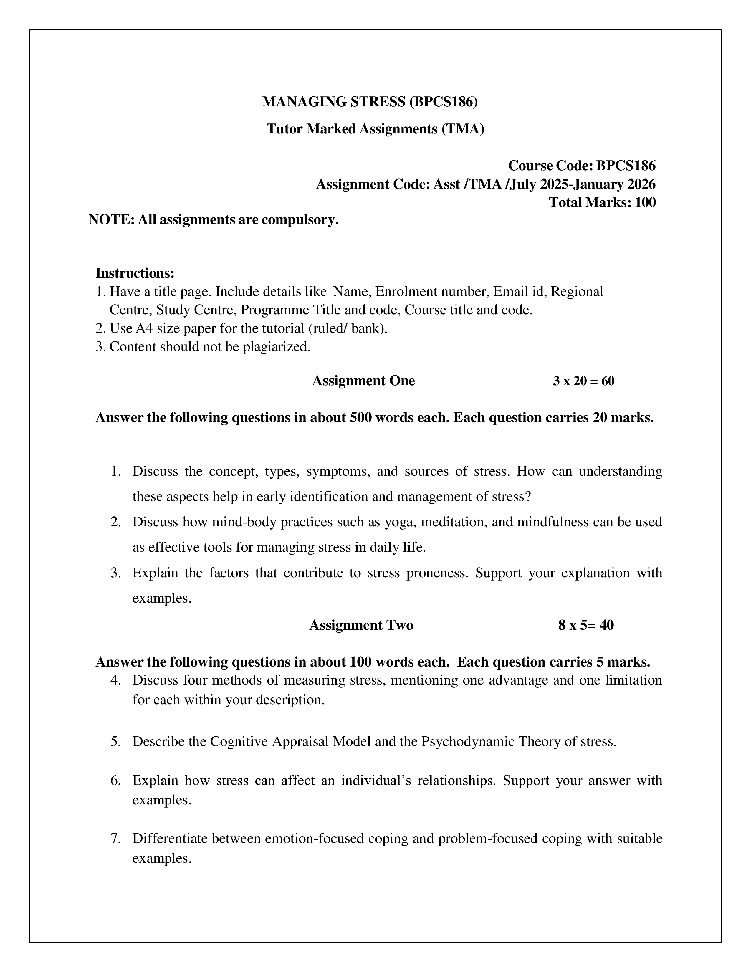 IGNOU BPCS 186 Solved Assignment 2026-26 – Managing Stress (English) | IGNOU Students Portal