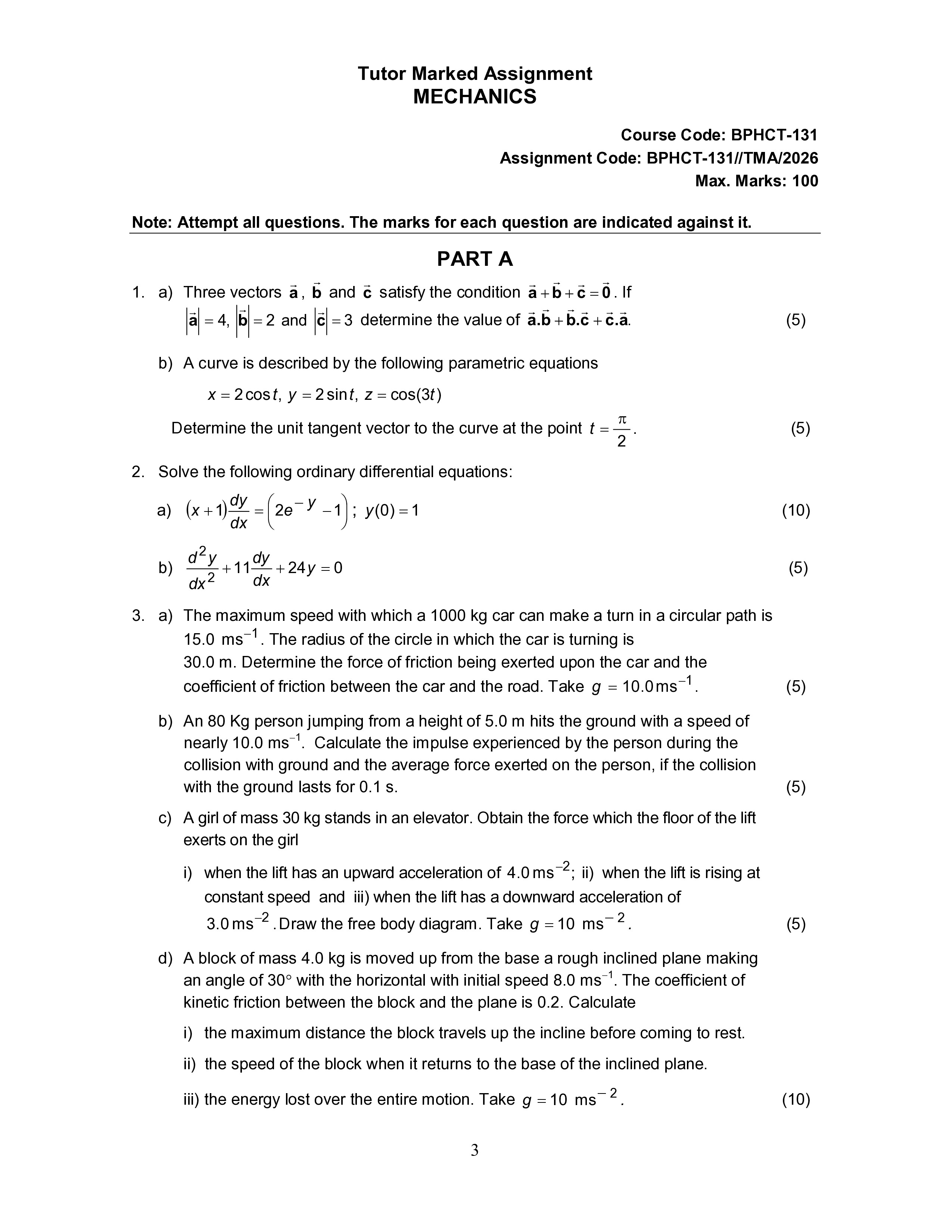 IGNOU BPHCT 131 Solved Assignment 2026-26 – Mechanics (English) | IGNOU Students Portal