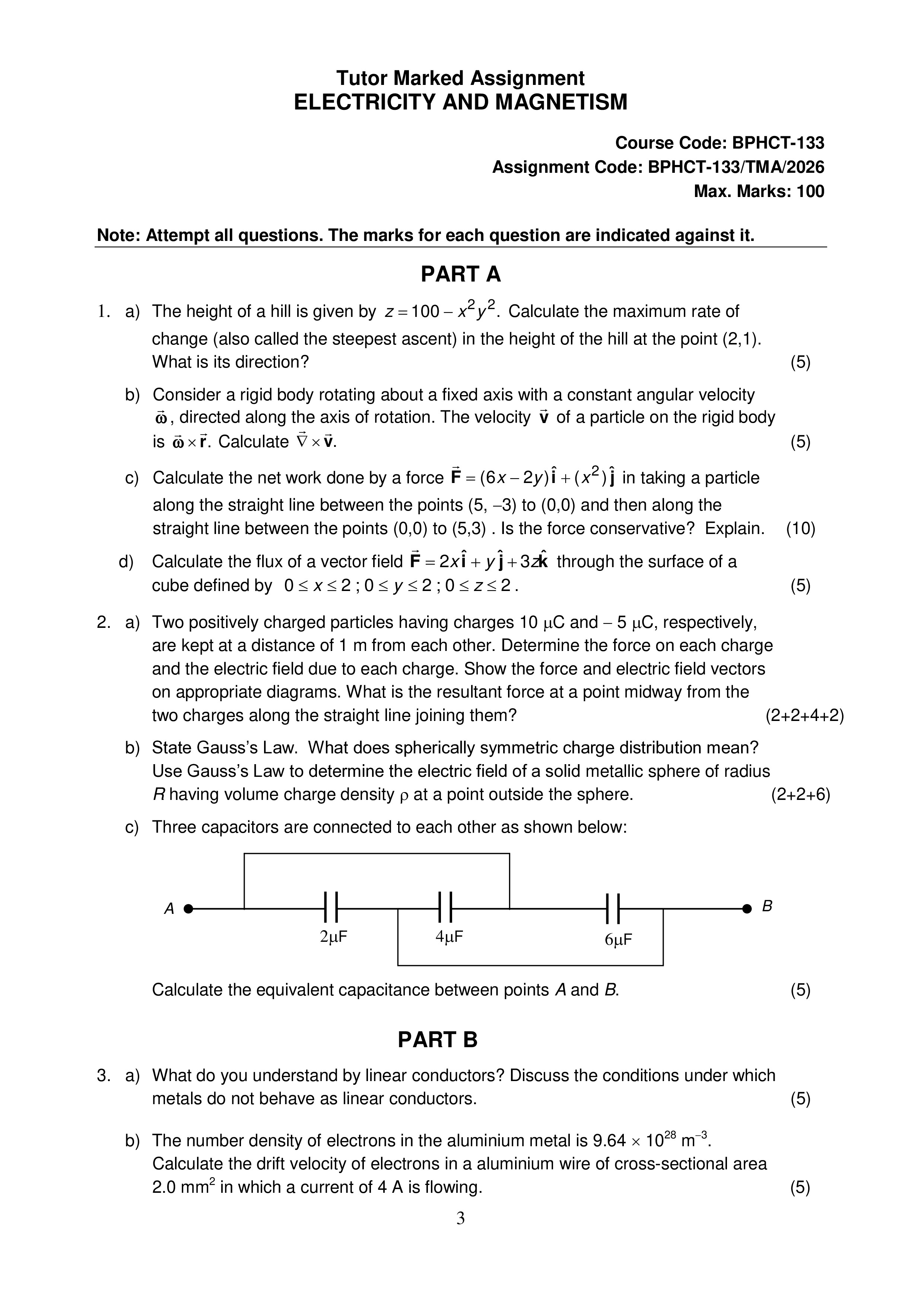 IGNOU BPHCT 133 Solved Assignment 2026-26 – Electricity and Magnetism (English) | IGNOU Students Portal