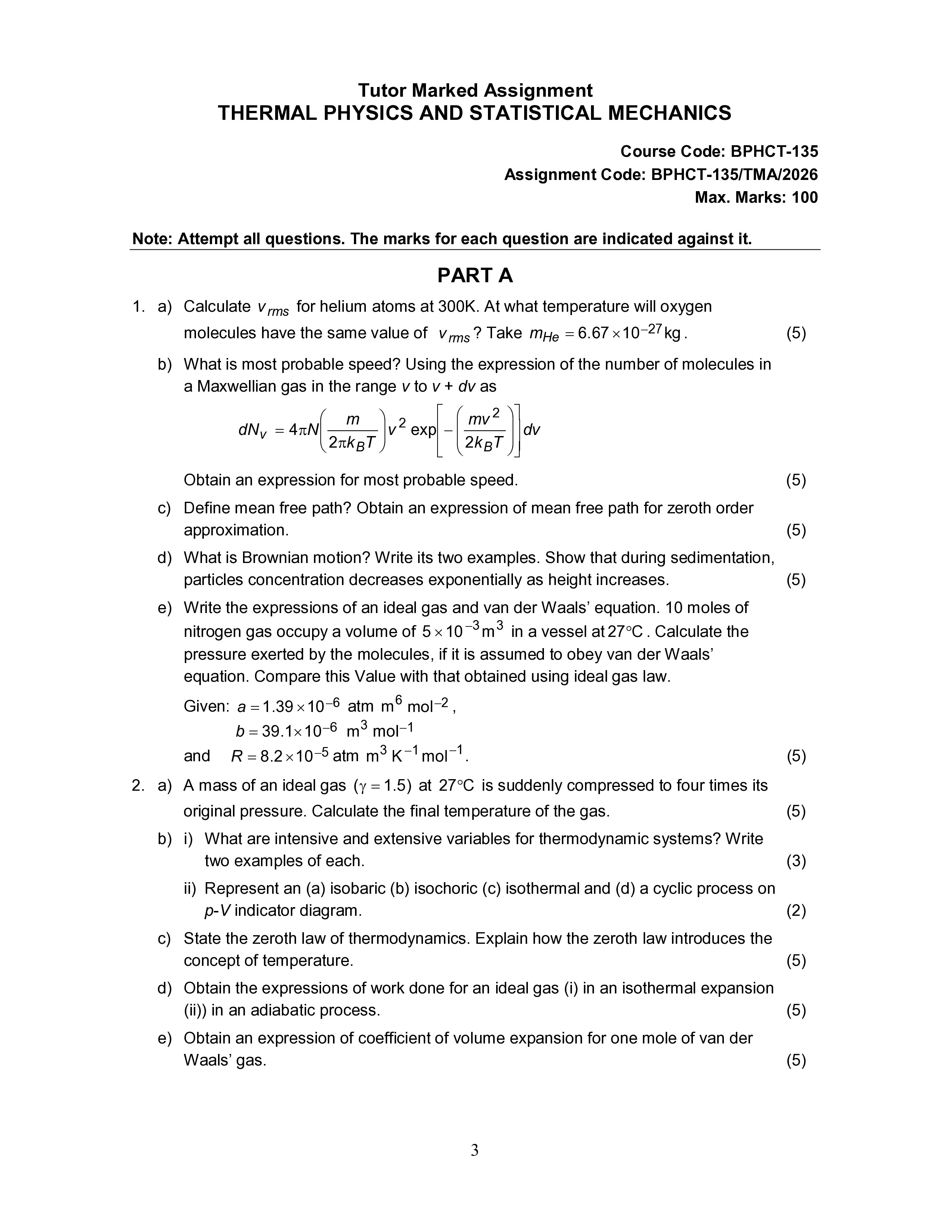 IGNOU BPHCT 135 Solved Assignment 2026-26 – Thermal Physics and Statistical Mechanics (English) | IGNOU Students Portal