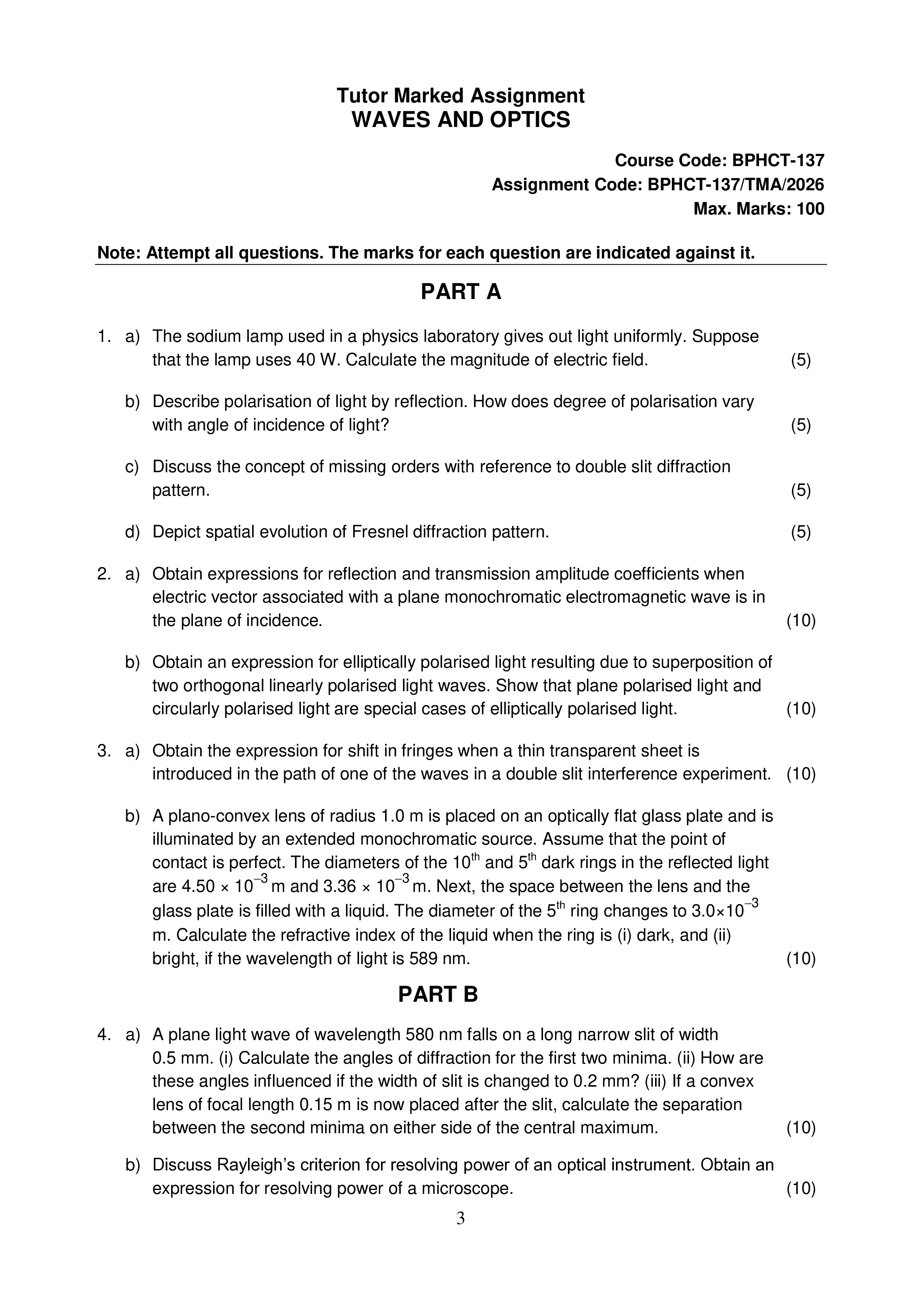 IGNOU BPHCT 137 Solved Assignment 2026-26 – Waves and Optics (English) | IGNOU Students Portal