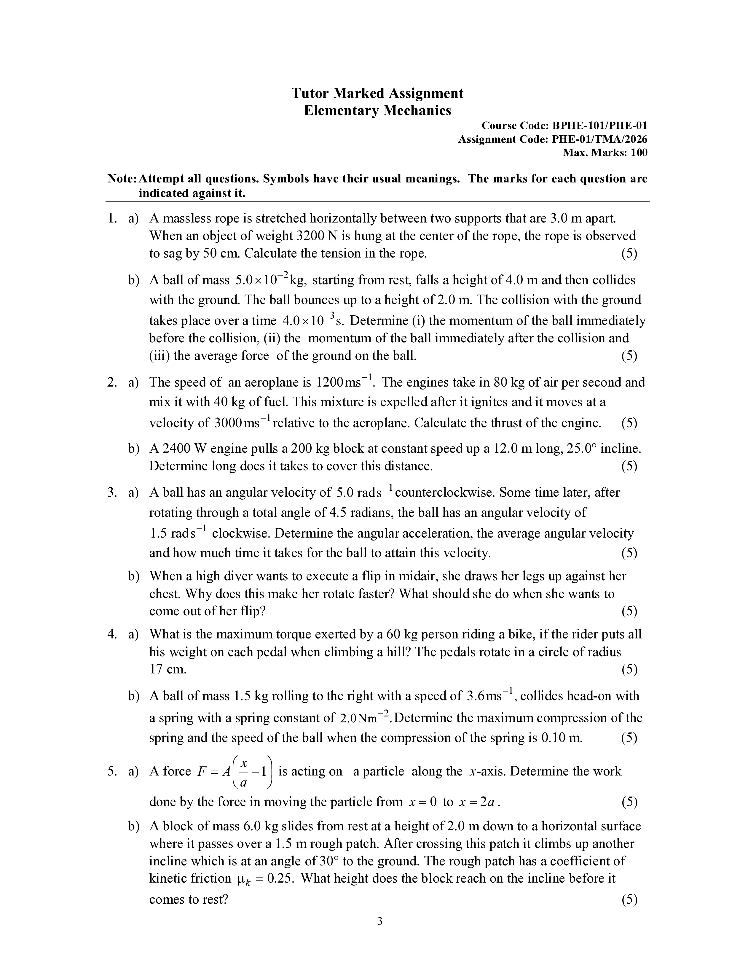 IGNOU BPHE 101 Solved Assignment 2026-26 – ELEMENTARY MECHANICS (English) | IGNOU Students Portal
