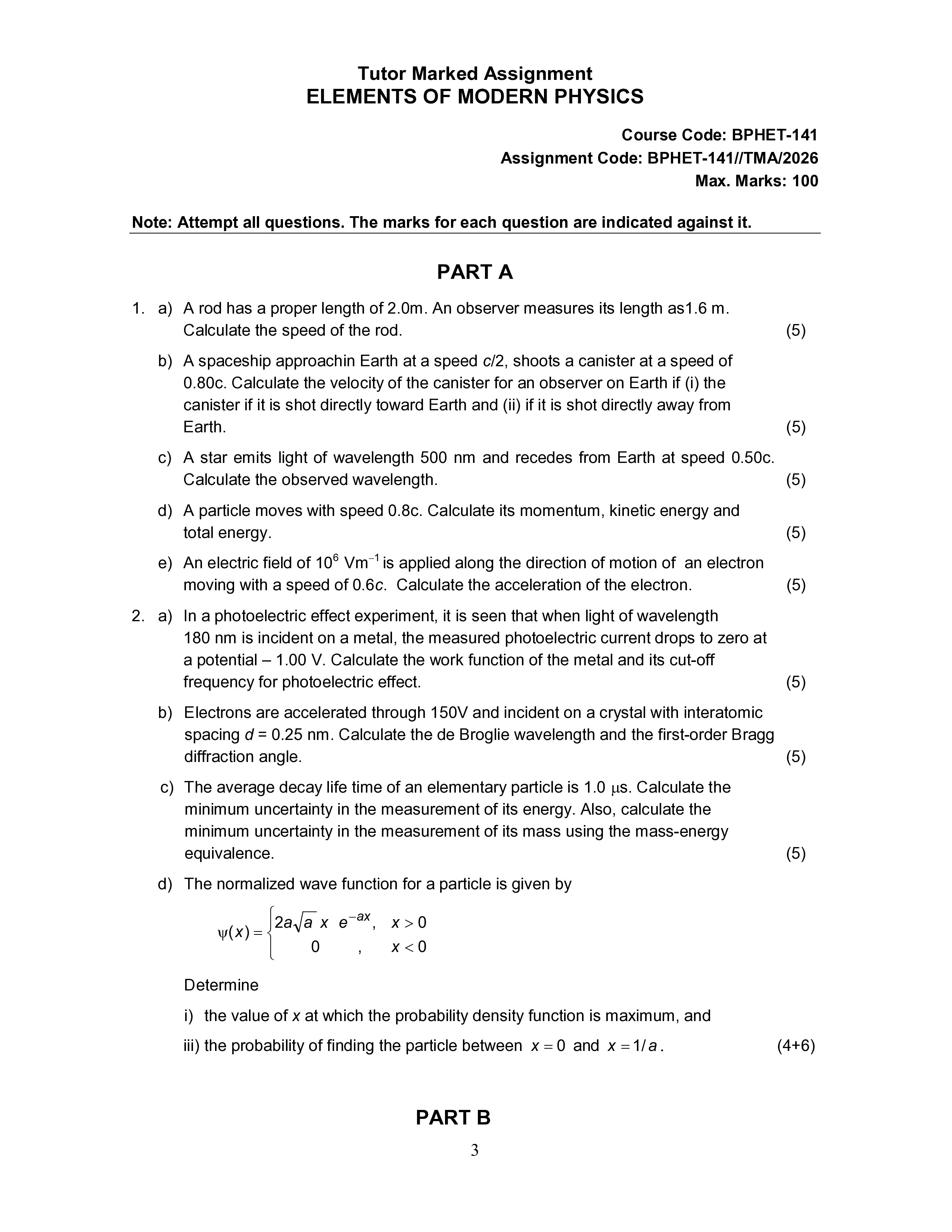 IGNOU BPHET 141 Solved Assignment 2026-26 – Elements of Modern Physics (English) | IGNOU Students Portal