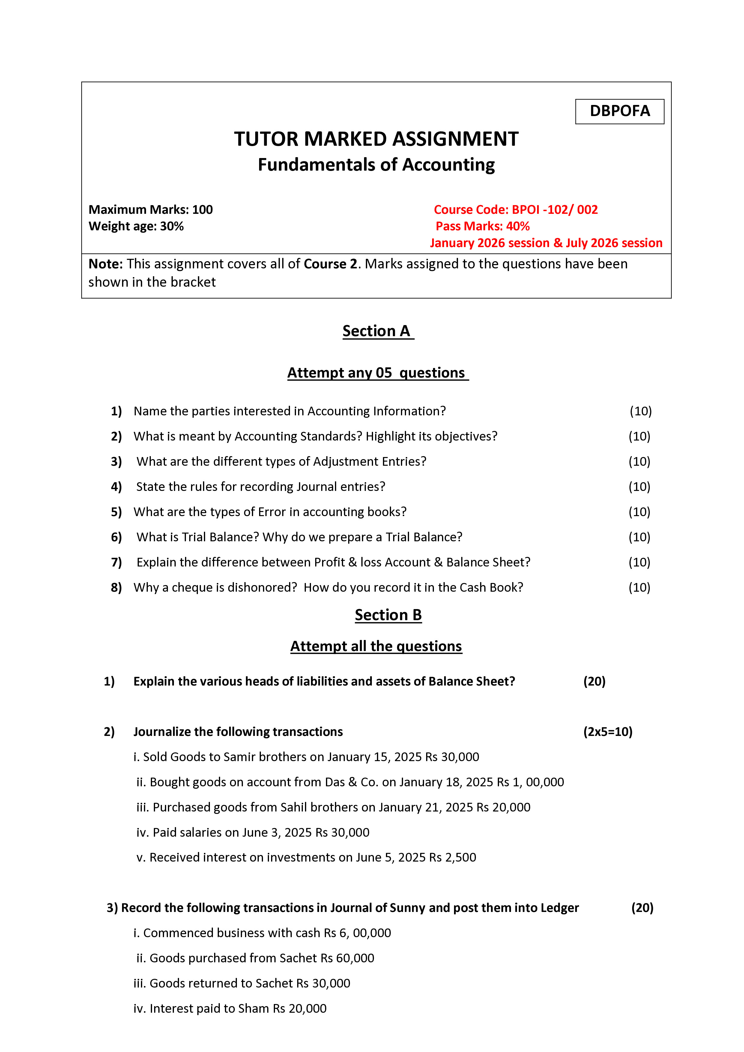 IGNOU BPOI 102 Solved Assignment 2026-26 – Fundamentals of Accounting (English) | IGNOU Students Portal