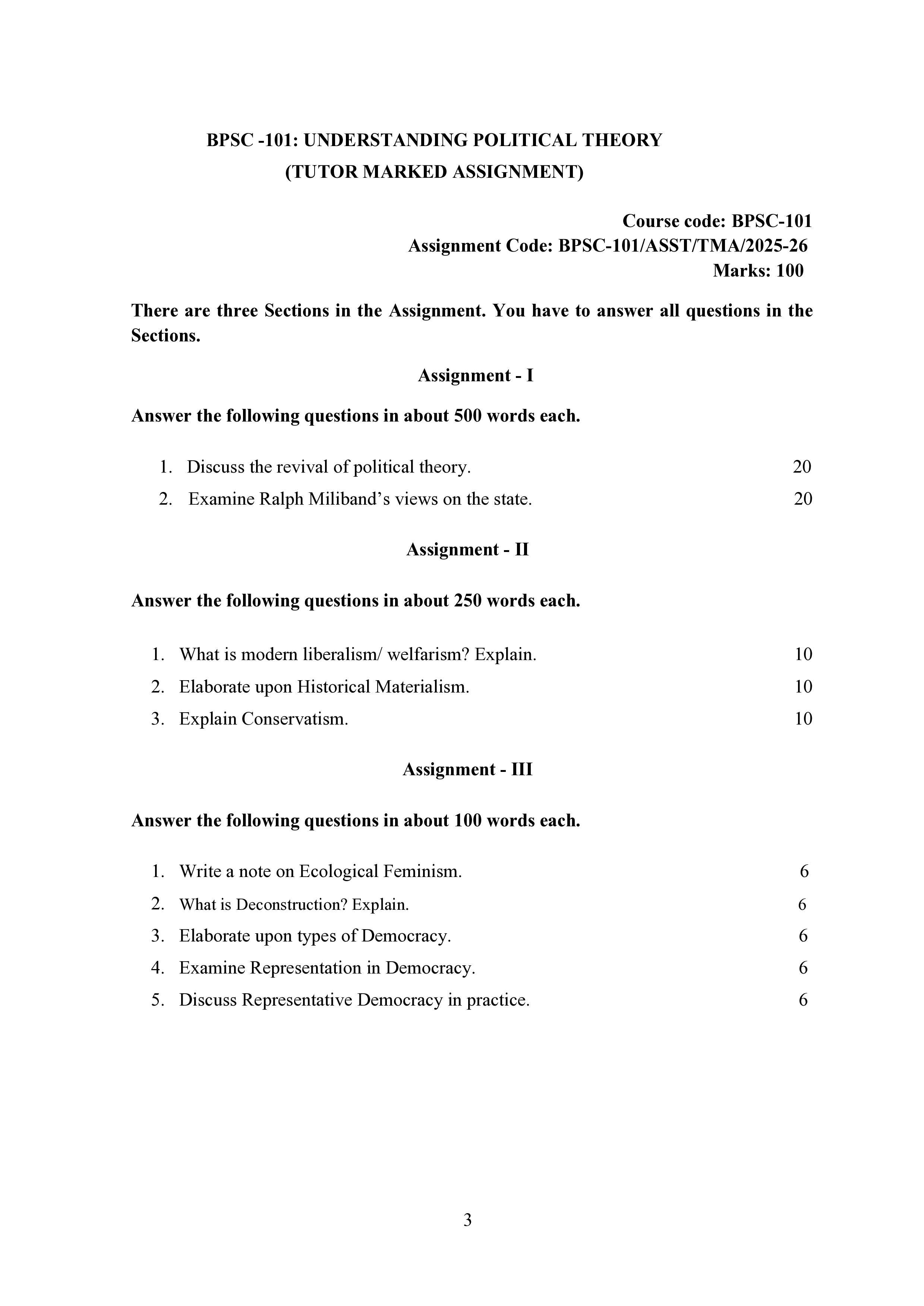 IGNOU BPSC 101 Solved Assignment 2025-25 – Understanding Political Theory (English) | IGNOU Students Portal