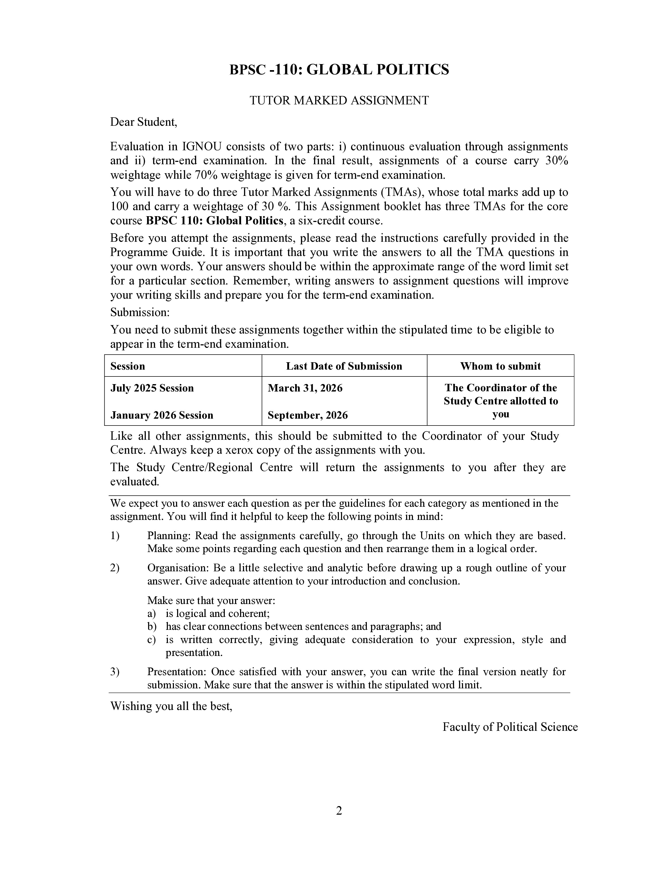 IGNOU BPSC 110 Solved Assignment 2025-2026 – Global Politics (English) | IGNOU Students Portal