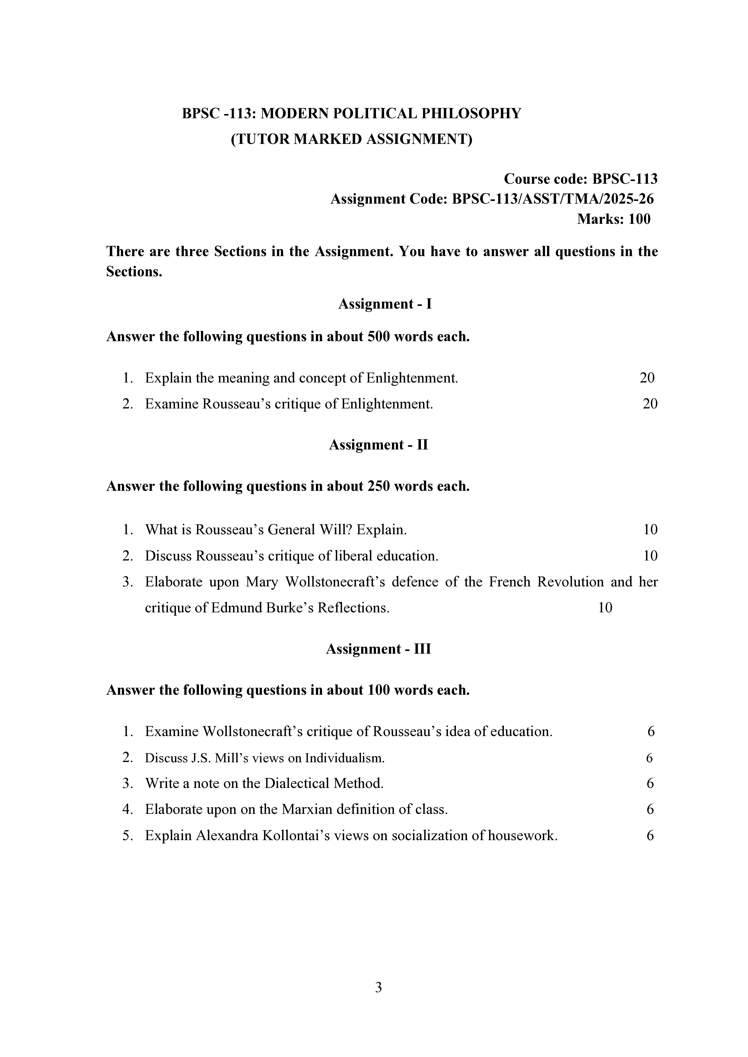 IGNOU BPSC 113 Solved Assignment 2025-25 – Modern Political Philosophy (English) | IGNOU Students Portal