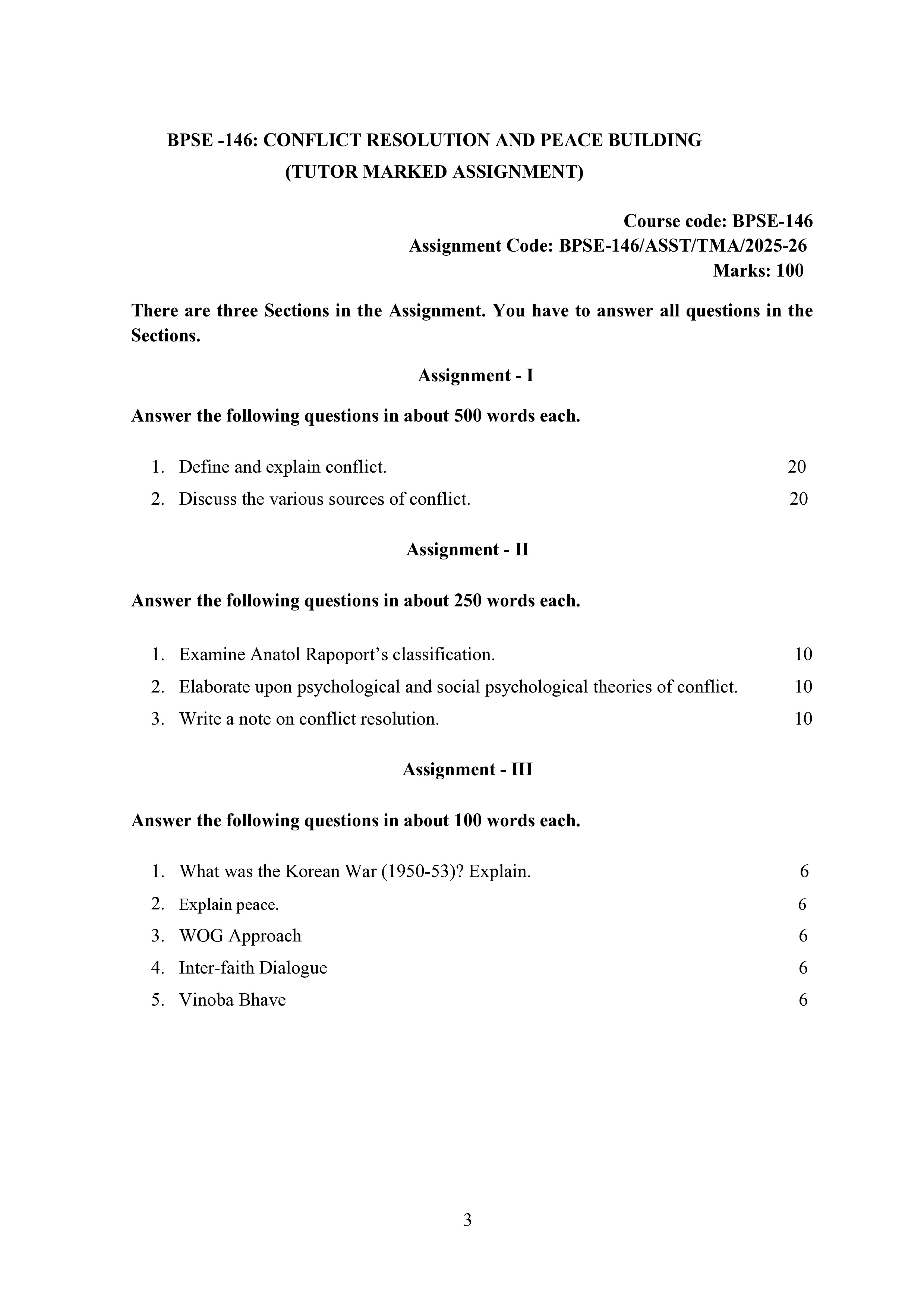 IGNOU BPSE 146 Solved Assignment 2025-25 – Conflict Resolution and Peace Building (English) | IGNOU Students Portal
