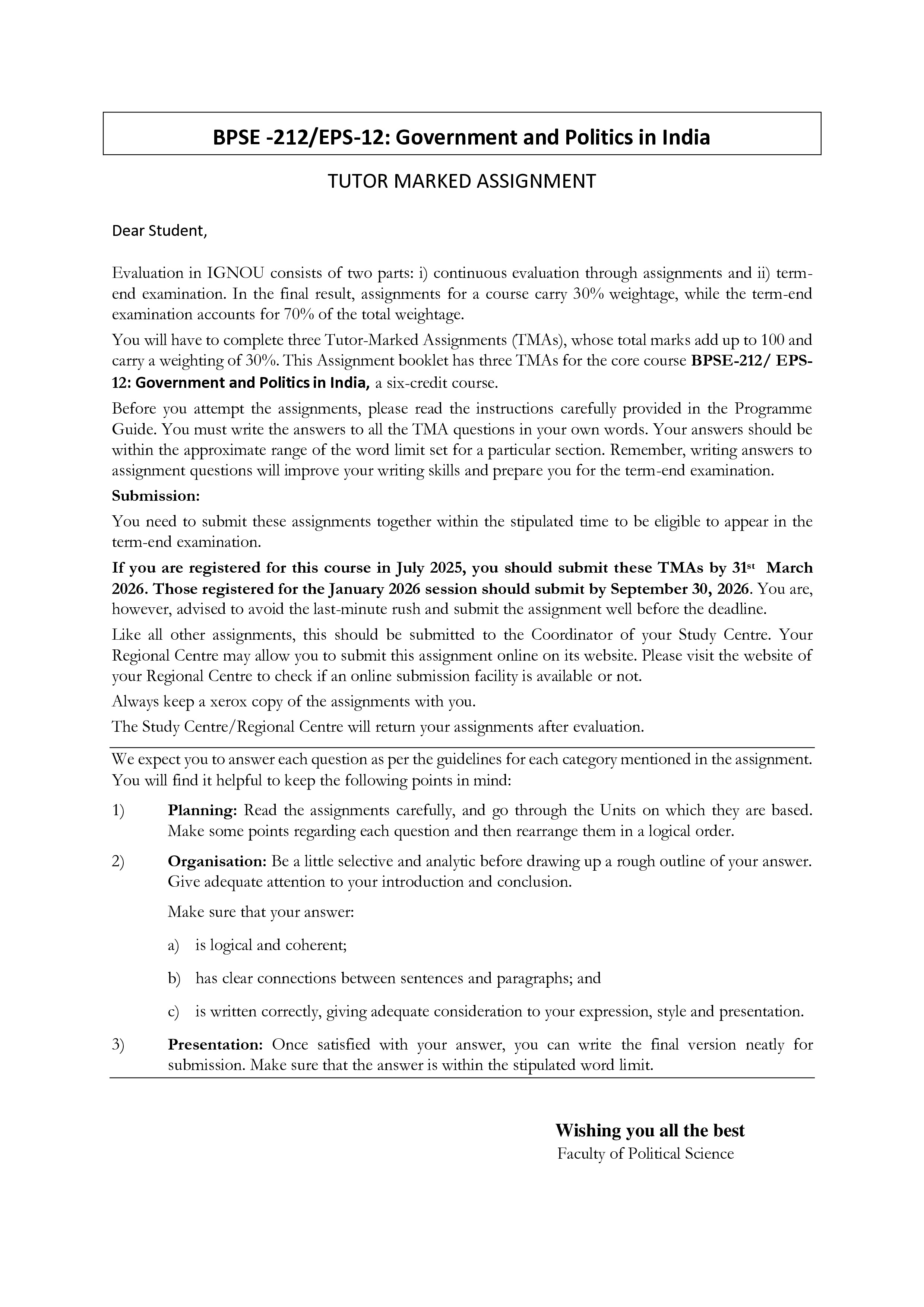 IGNOU BPSE 212 Solved Assignment 2025-2026 – Government and Politics in India (English) | IGNOU Students Portal