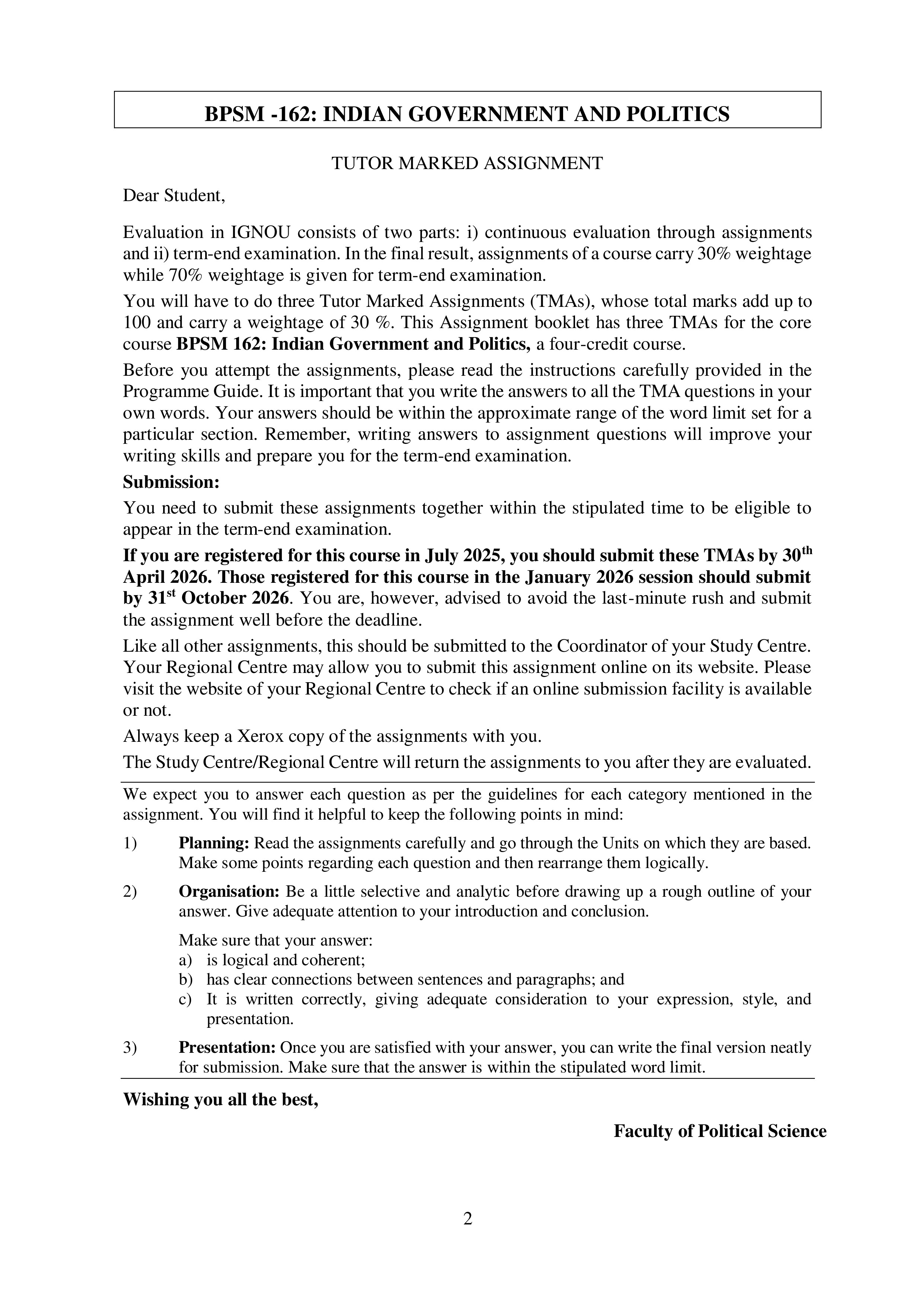 IGNOU BPSM 162 Solved Assignment 2025-2026 – Indian Government and Politics (English) | IGNOU Students Portal