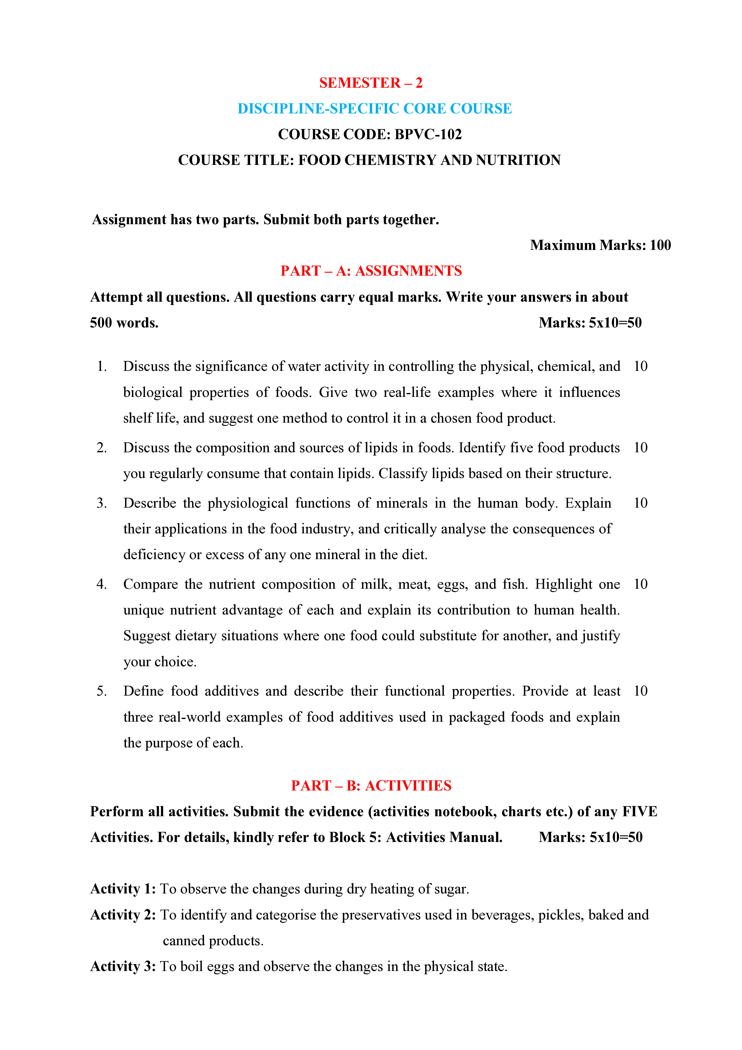 IGNOU BPVC 102 Solved Assignment 2025-2026 – Food Chemistry and Nutrition (English) | IGNOU Students Portal
