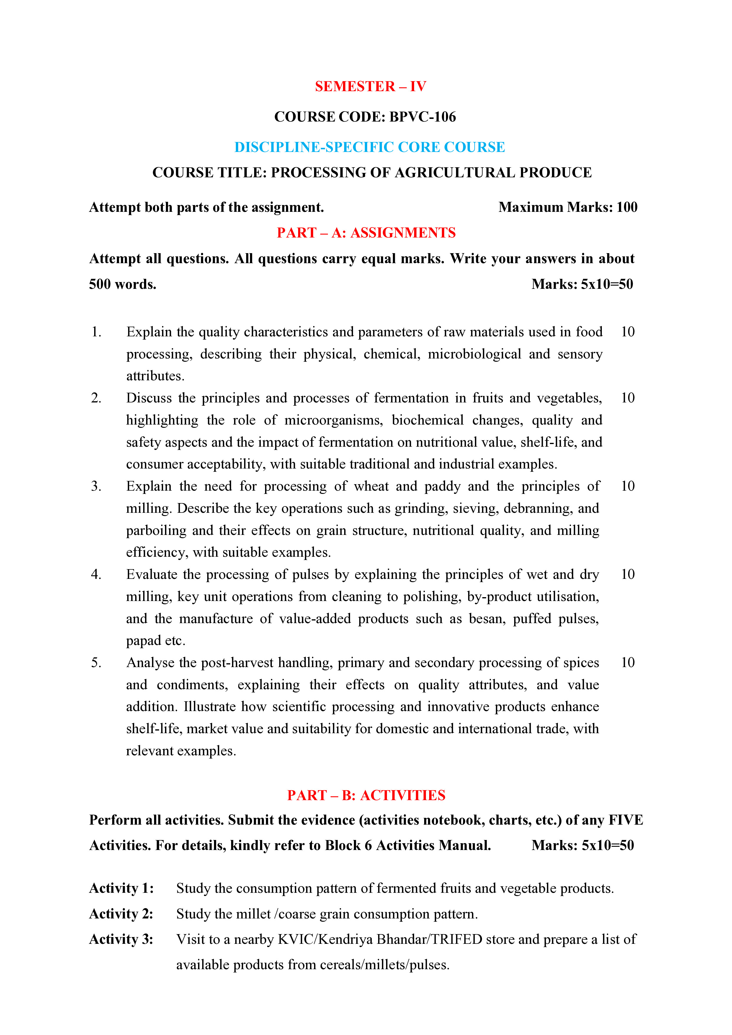 IGNOU BPVC 106 Solved Assignment 2026-26 – Processing of Agricultural Produce (English) | IGNOU Students Portal