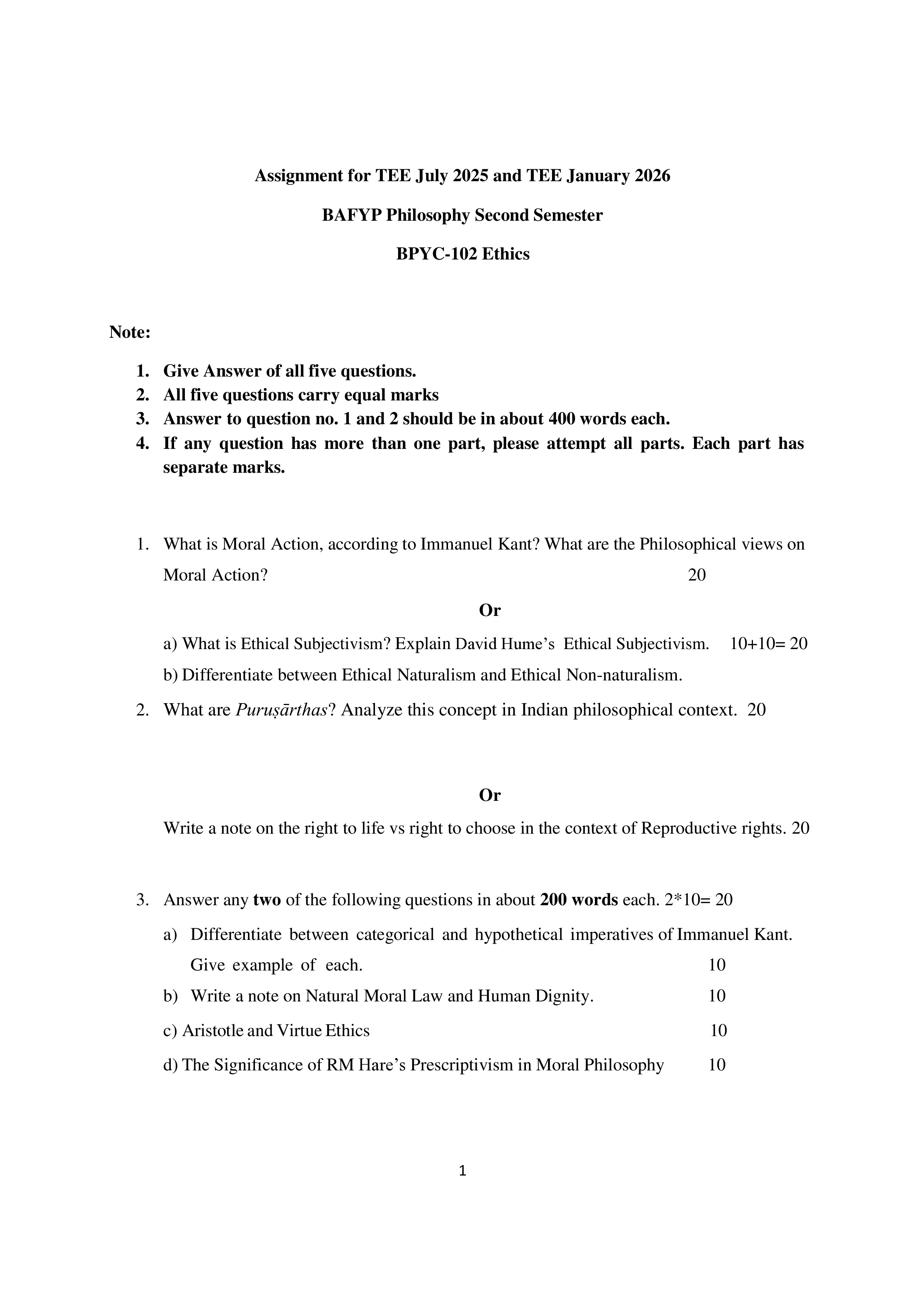 IGNOU BPYC 102 Solved Assignment 2025-2026 – Ethics (English) | IGNOU Students Portal
