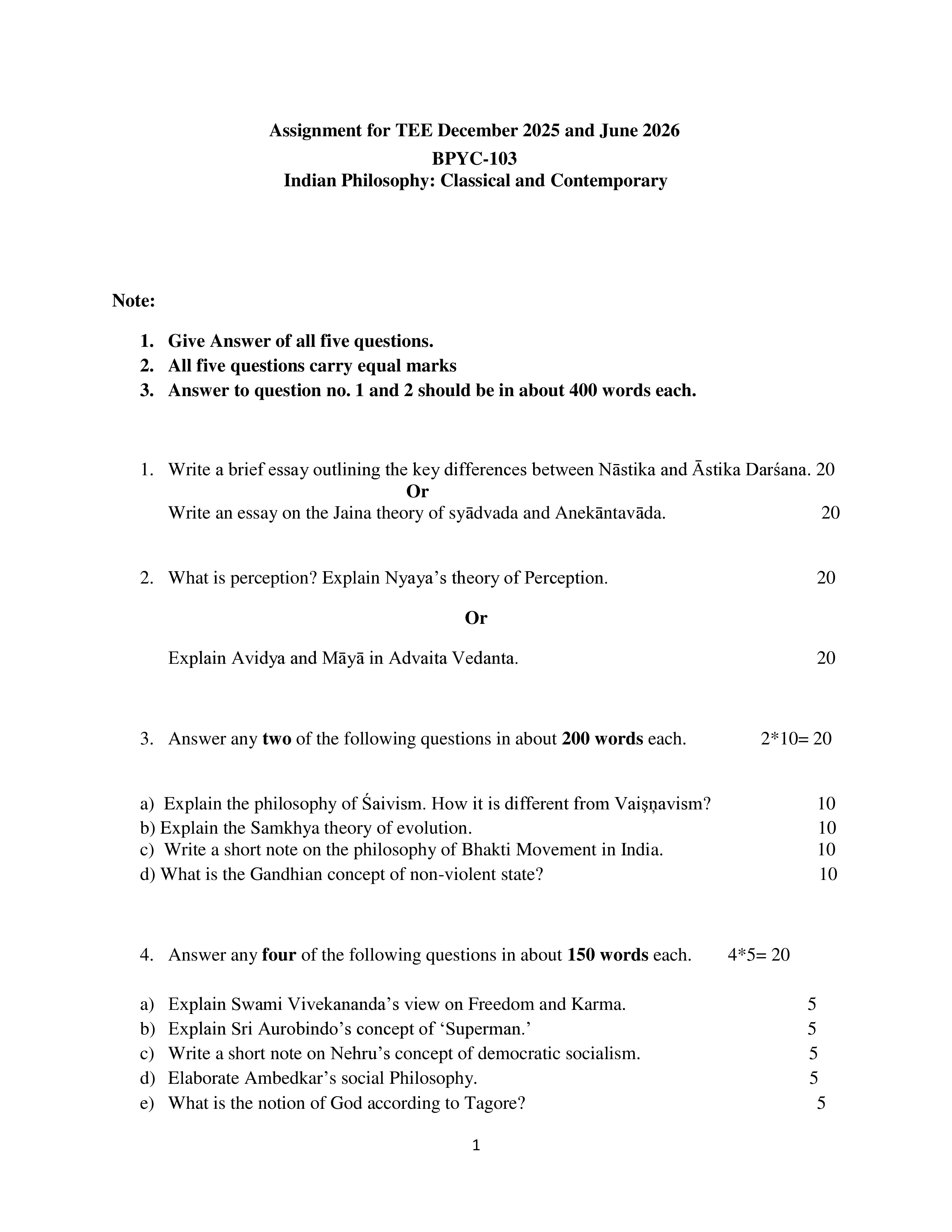 IGNOU BPYC 103 Solved Assignment 2025-2026 – Indian PhilosophyClassical and Contemporary (English) | IGNOU Students Portal