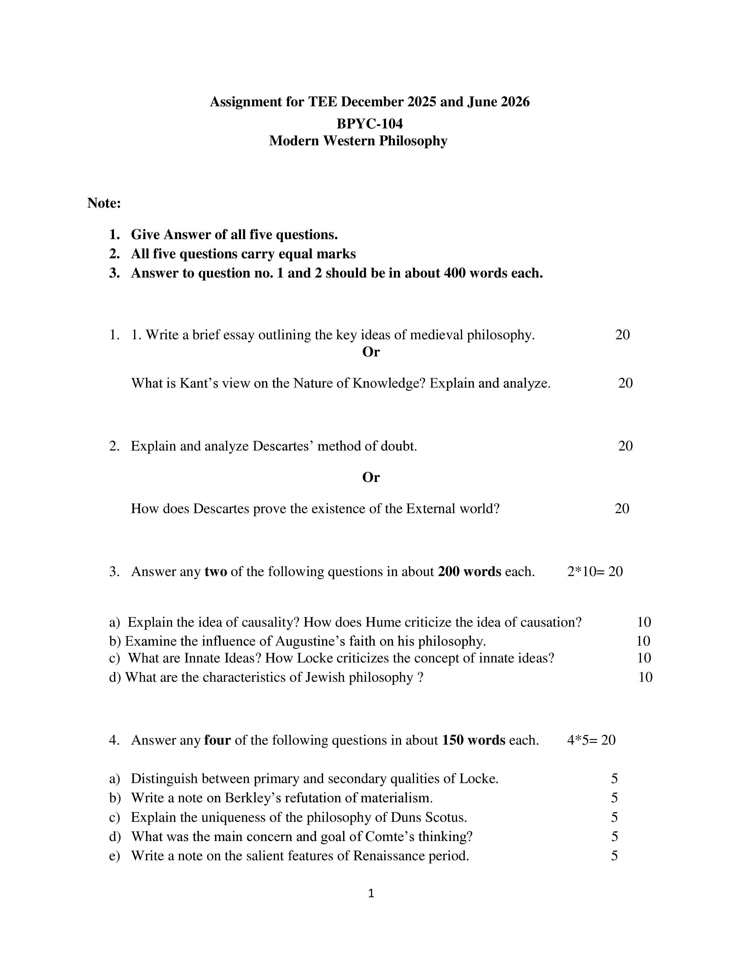 IGNOU BPYC 104 Solved Assignment 2025-2026 – Modern Western Philosophy (English) | IGNOU Students Portal
