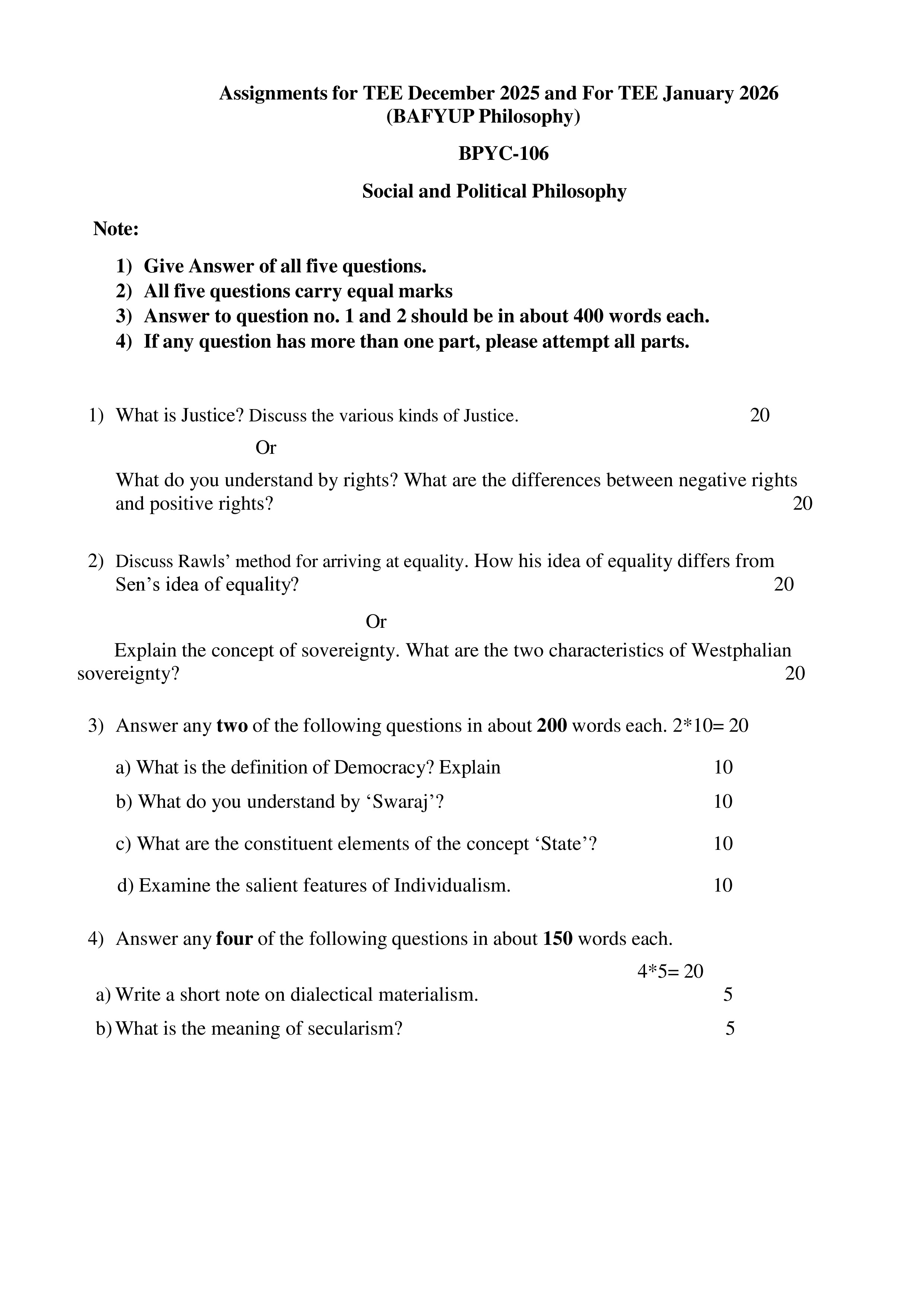 IGNOU BPYC 106 Solved Assignment 2025-2026 – Social and Political Philosophy (English) | IGNOU Students Portal