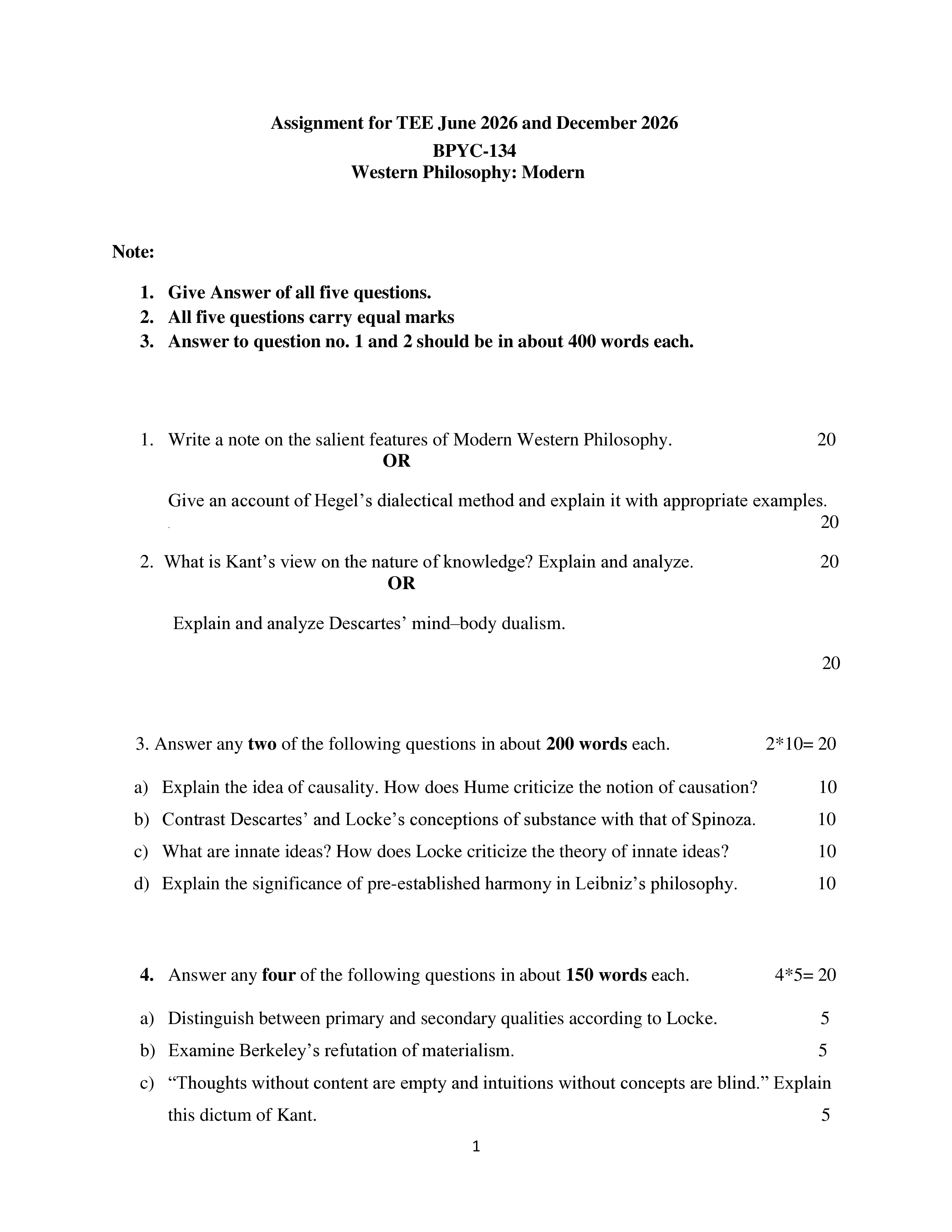 IGNOU BPYC 134 Solved Assignment 2026-26 – Western PhilosophyModern (English) | IGNOU Students Portal