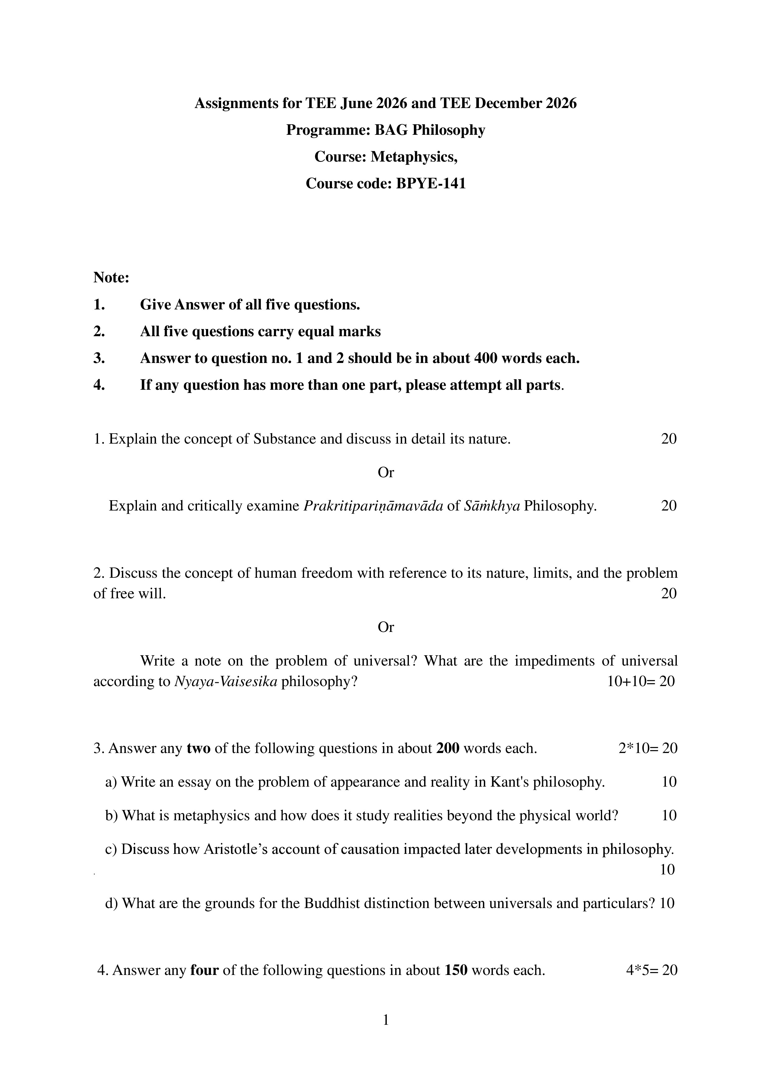 IGNOU BPYE 141 Solved Assignment 2026-26 – Metaphysics (English) | IGNOU Students Portal