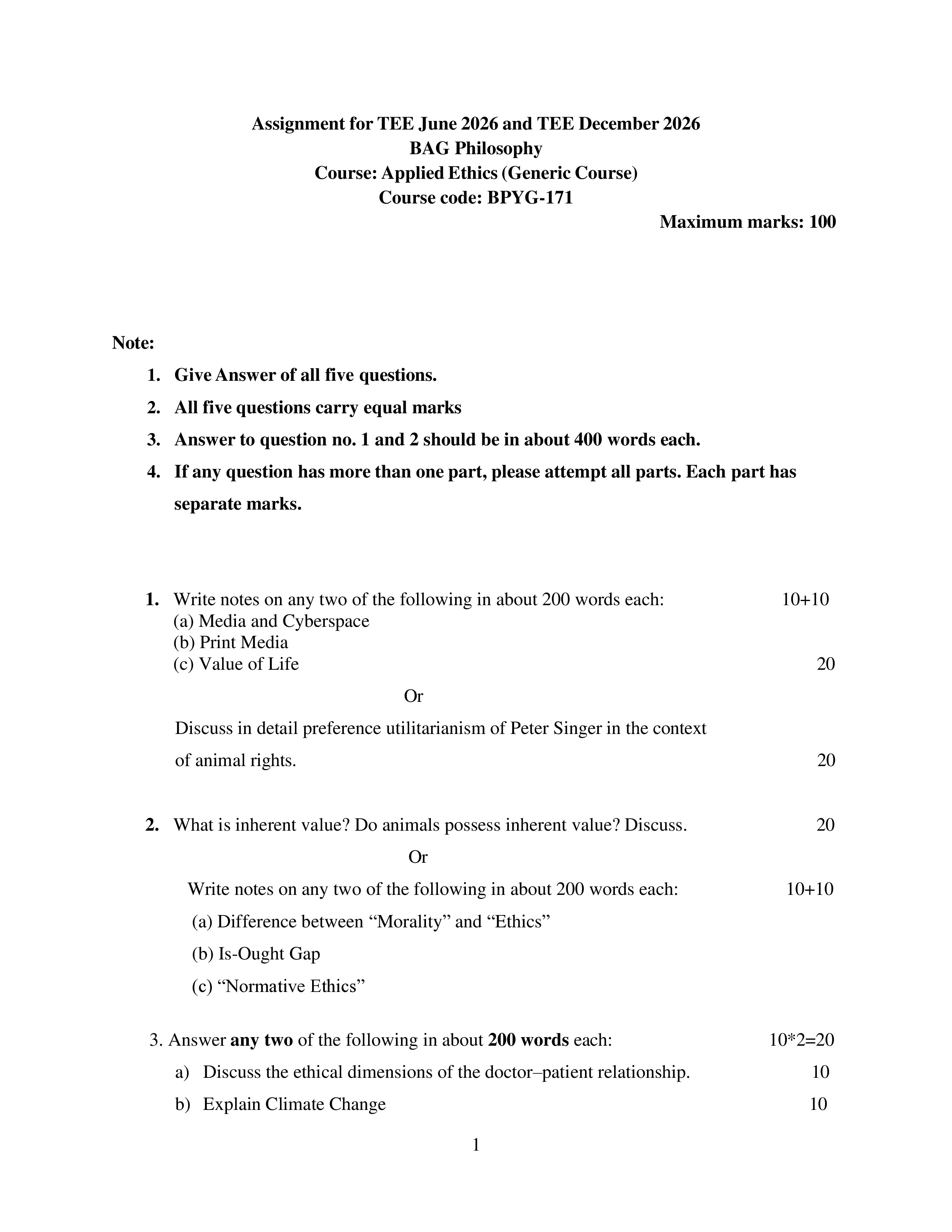 IGNOU BPYG 171 Solved Assignment 2026-26 – Applied Ethics (English) | IGNOU Students Portal