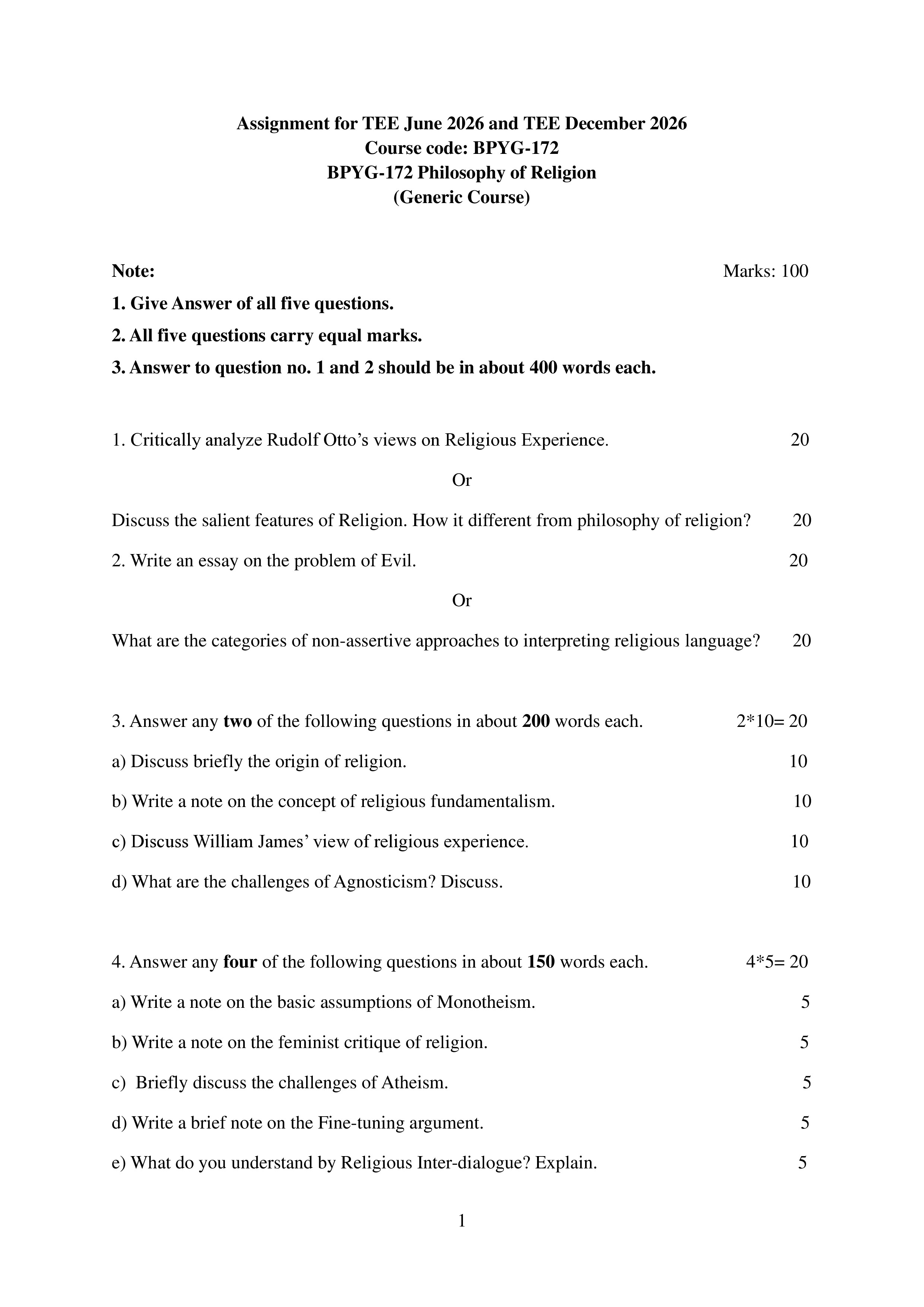 IGNOU BPYG 172 Solved Assignment 2026-26 – Philosophy of Religion (English) | IGNOU Students Portal