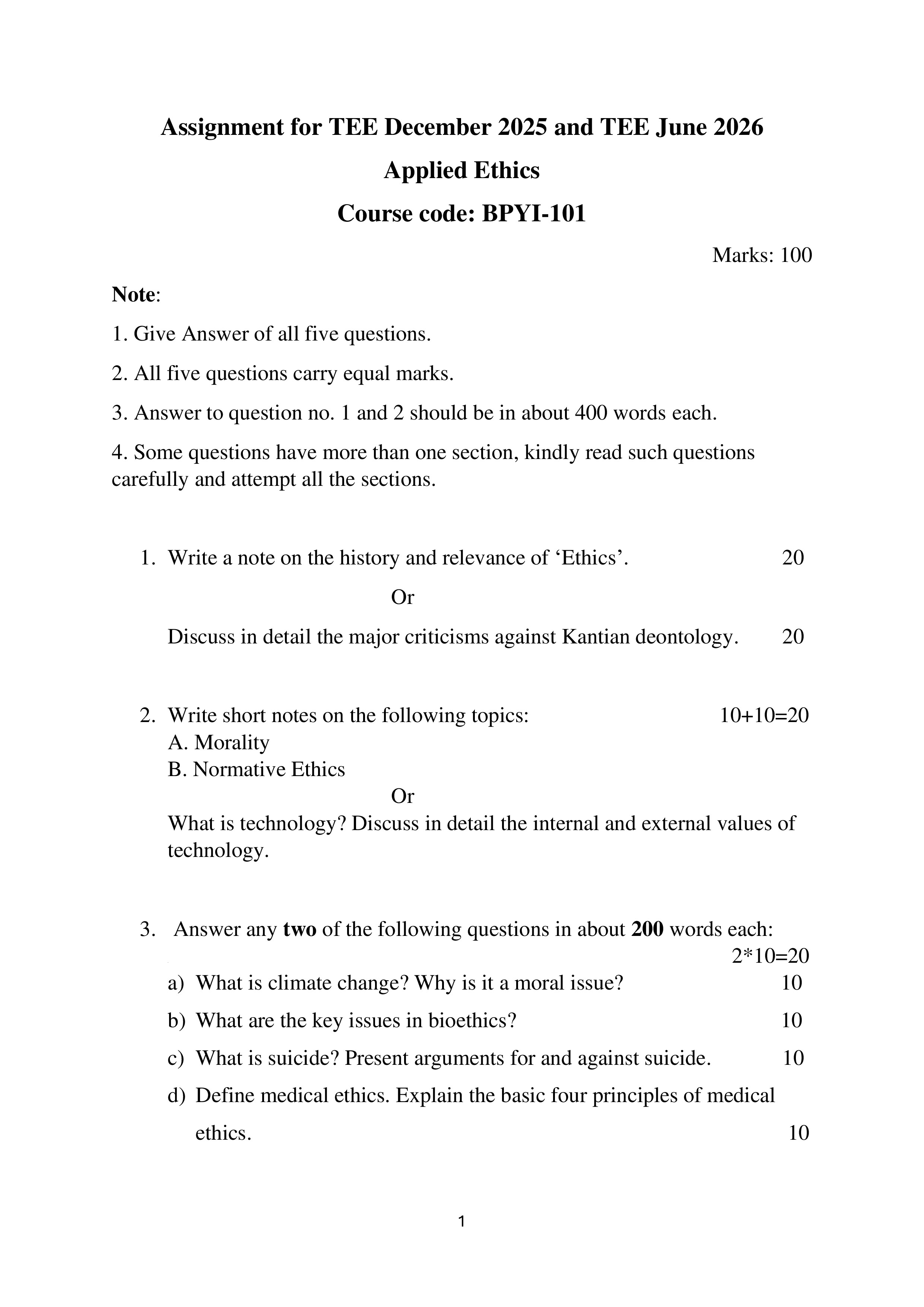 IGNOU BPYI 101 Solved Assignment 2025-2026 – Applied Ethics (English) | IGNOU Students Portal