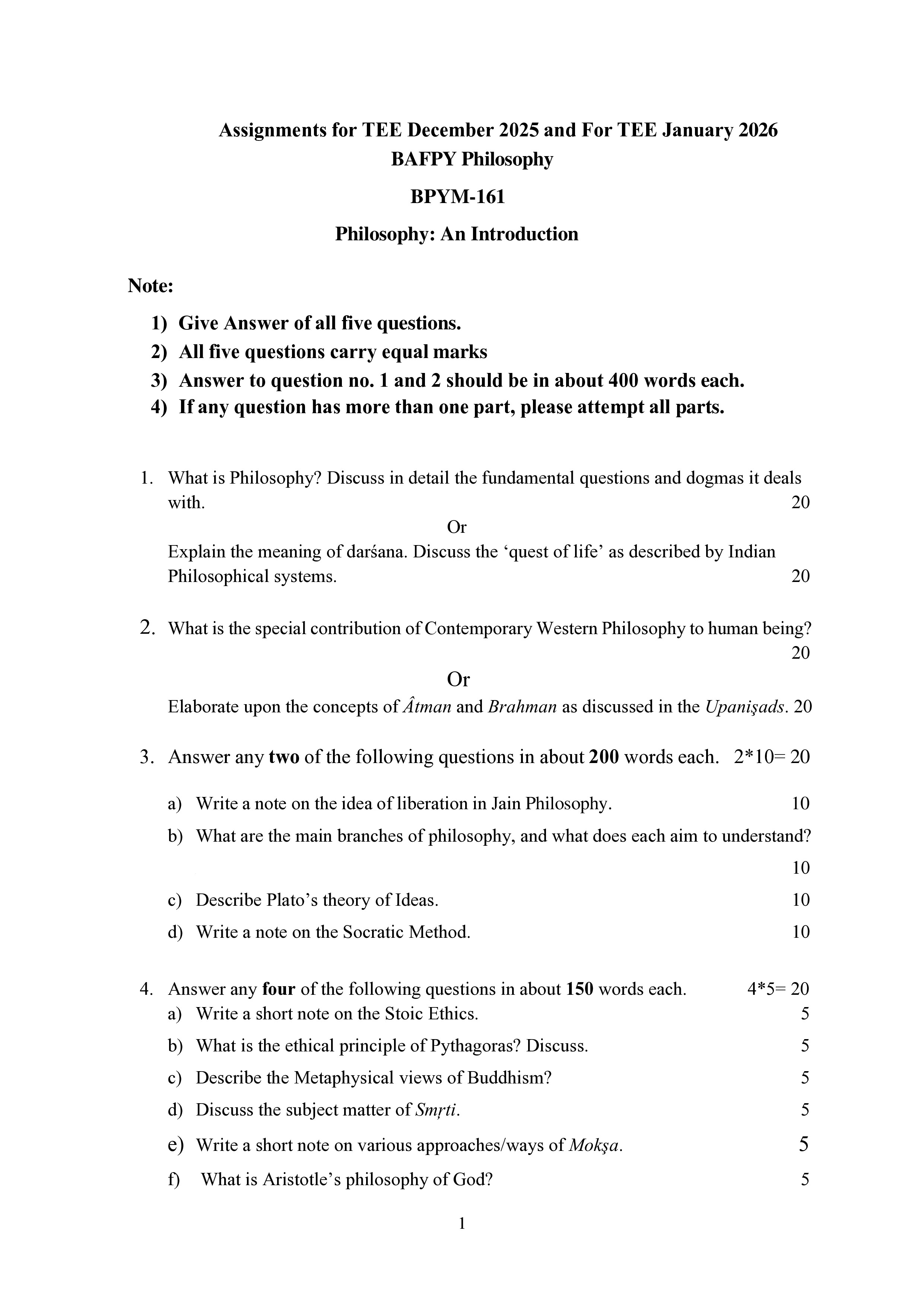 IGNOU BPYM 161 Solved Assignment 2025-2026 – PhilosophyAn Introduction (English) | IGNOU Students Portal