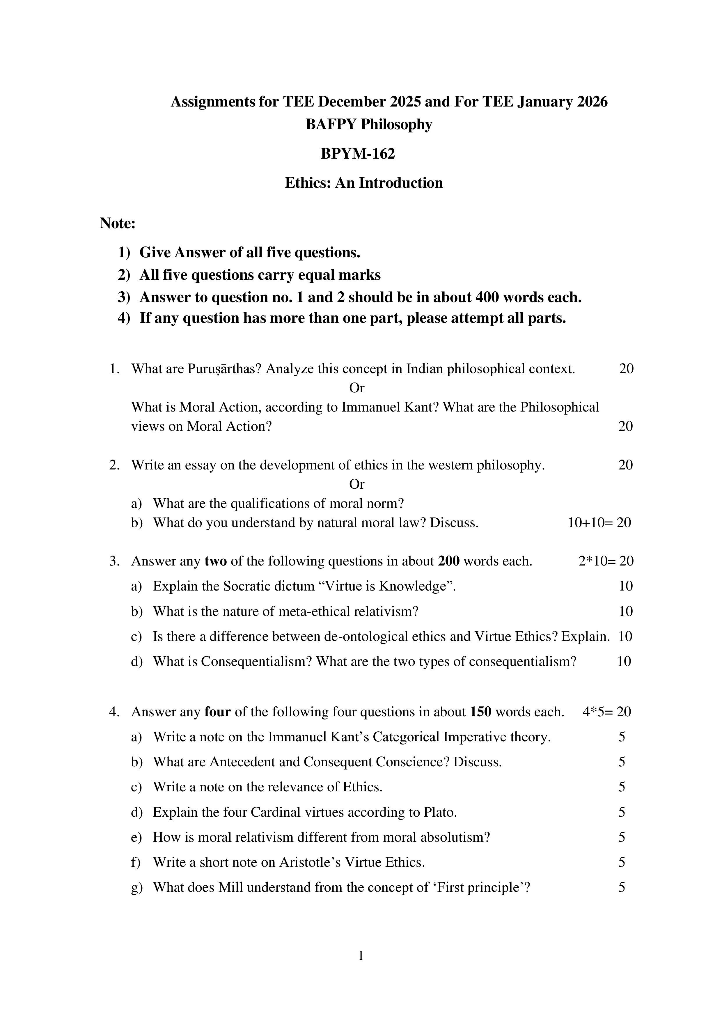 IGNOU BPYM 162 Solved Assignment 2025-2026 – EthicsAn Introduction (English) | IGNOU Students Portal
