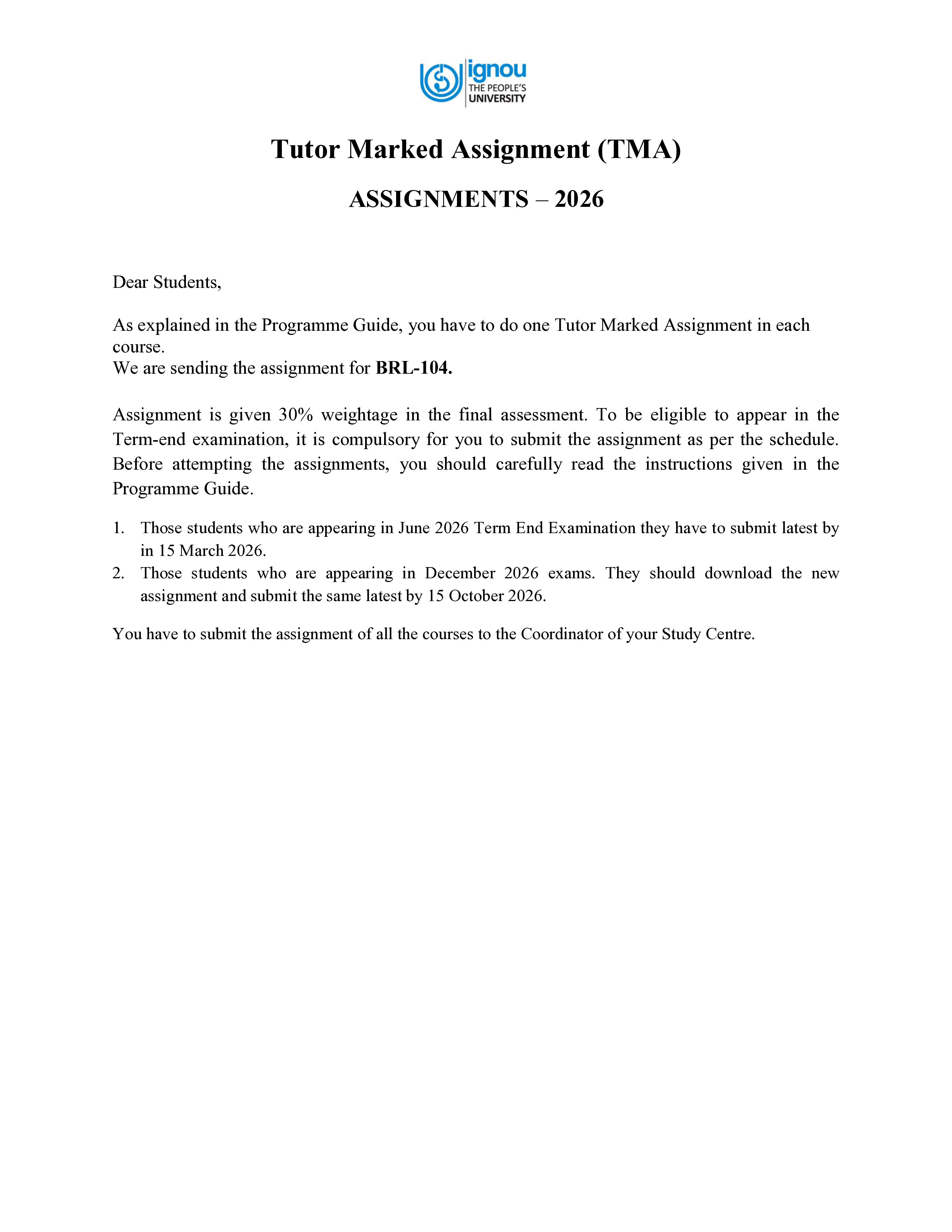 IGNOU BRL 104 Solved Assignment 2026-26 – Retail Management Perspectives and Communication (English) | IGNOU Students Portal