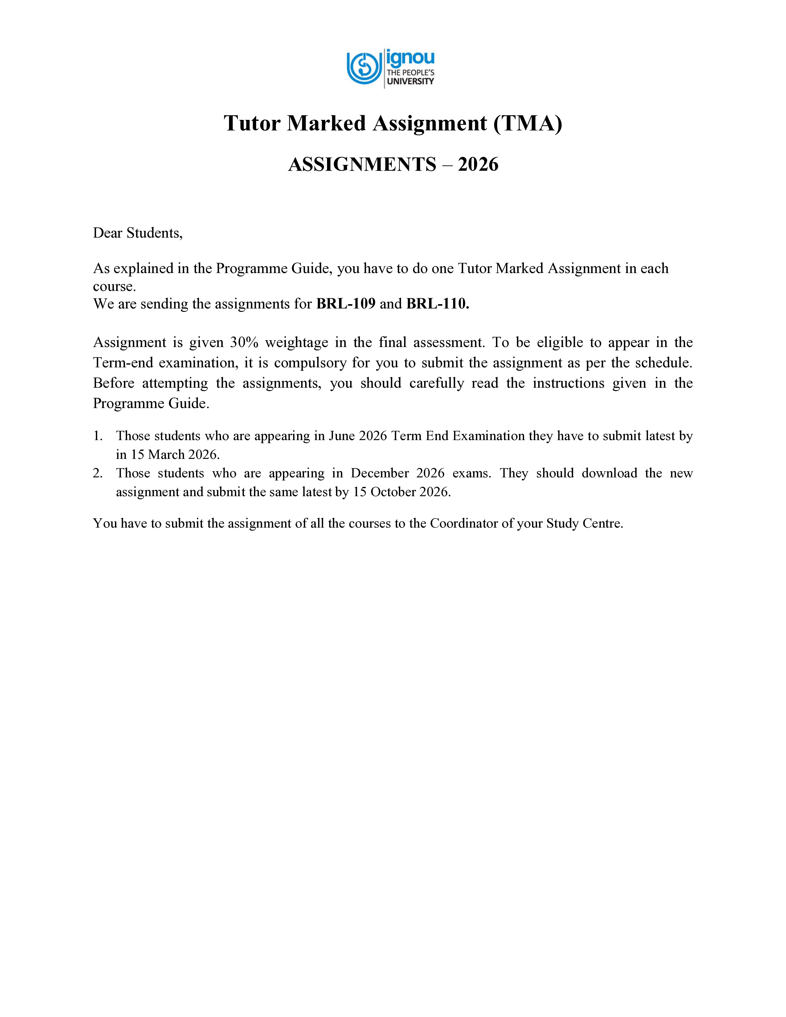 IGNOU BRL 110 Solved Assignment 2026-26 – IT Application in Retail (English) | IGNOU Students Portal