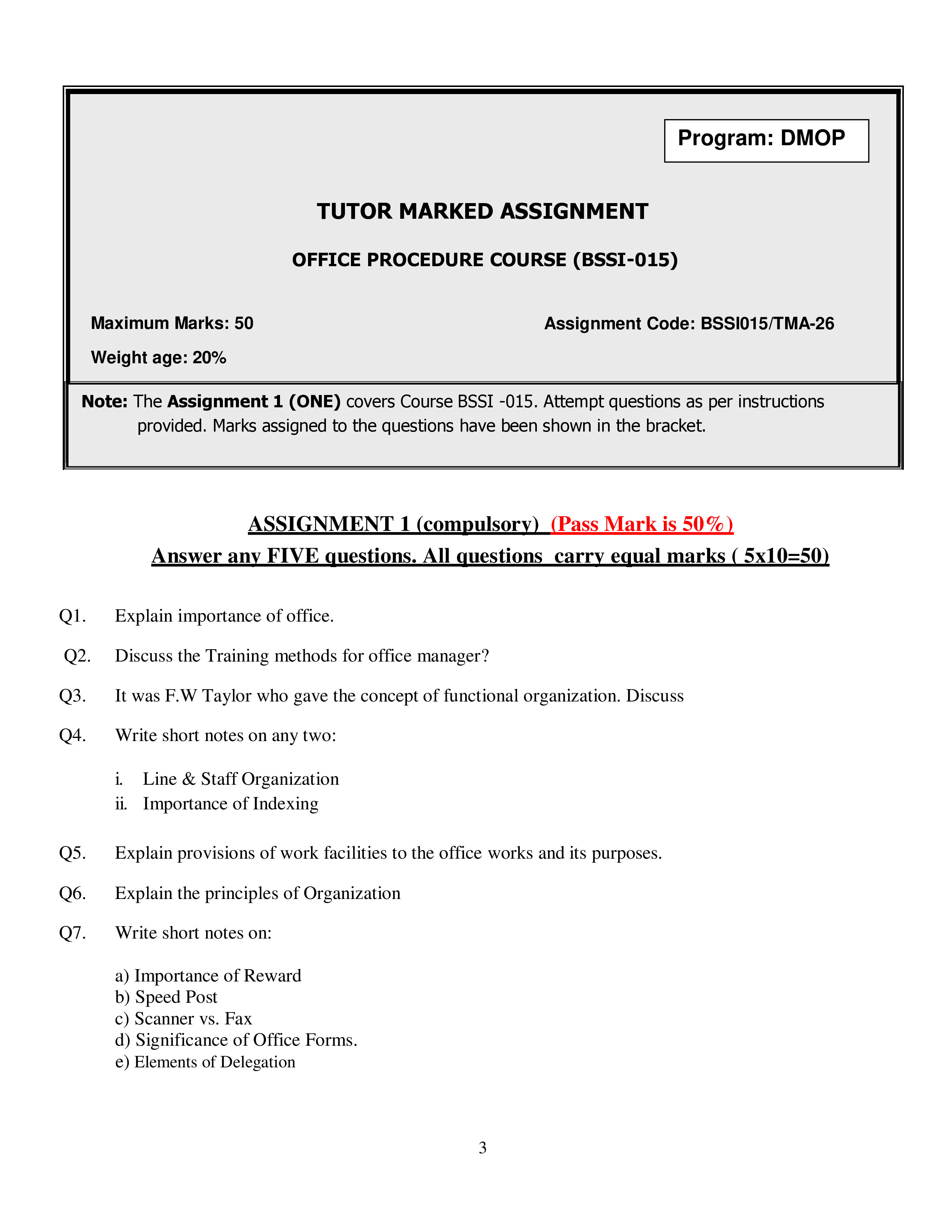 IGNOU BSSI 015 Solved Assignment 2026-26 – Office Procedure (English) | IGNOU Students Portal