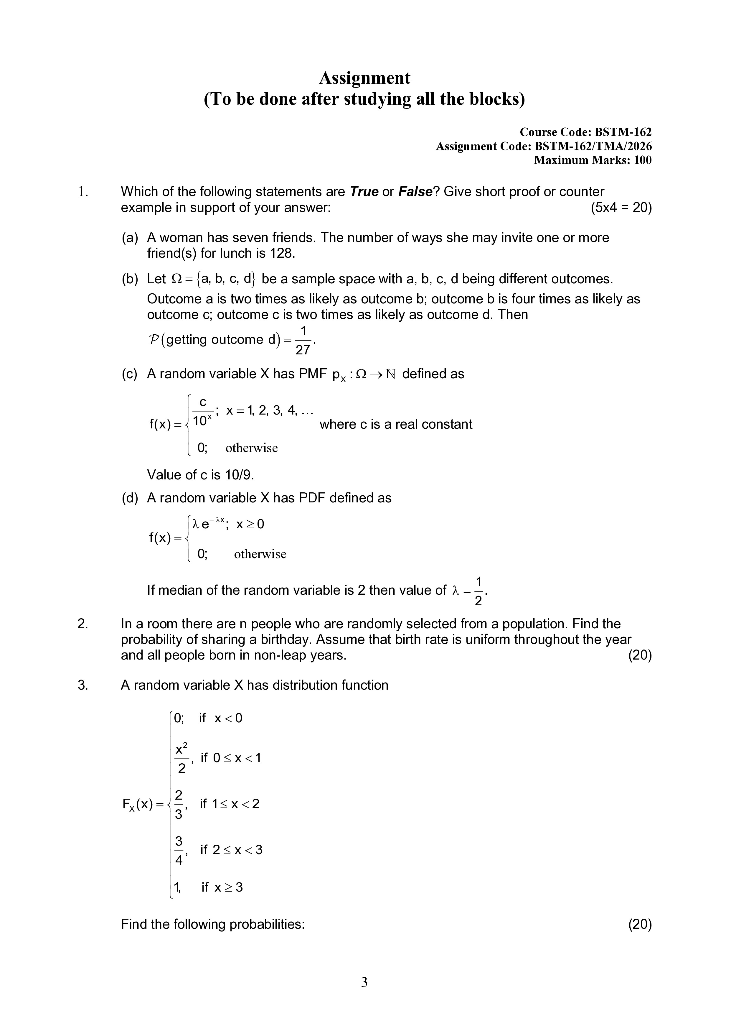 IGNOU BSTM 162 Solved Assignment 2026-26 – Elementary Probability and Probability Distributions (English) | IGNOU Students Portal