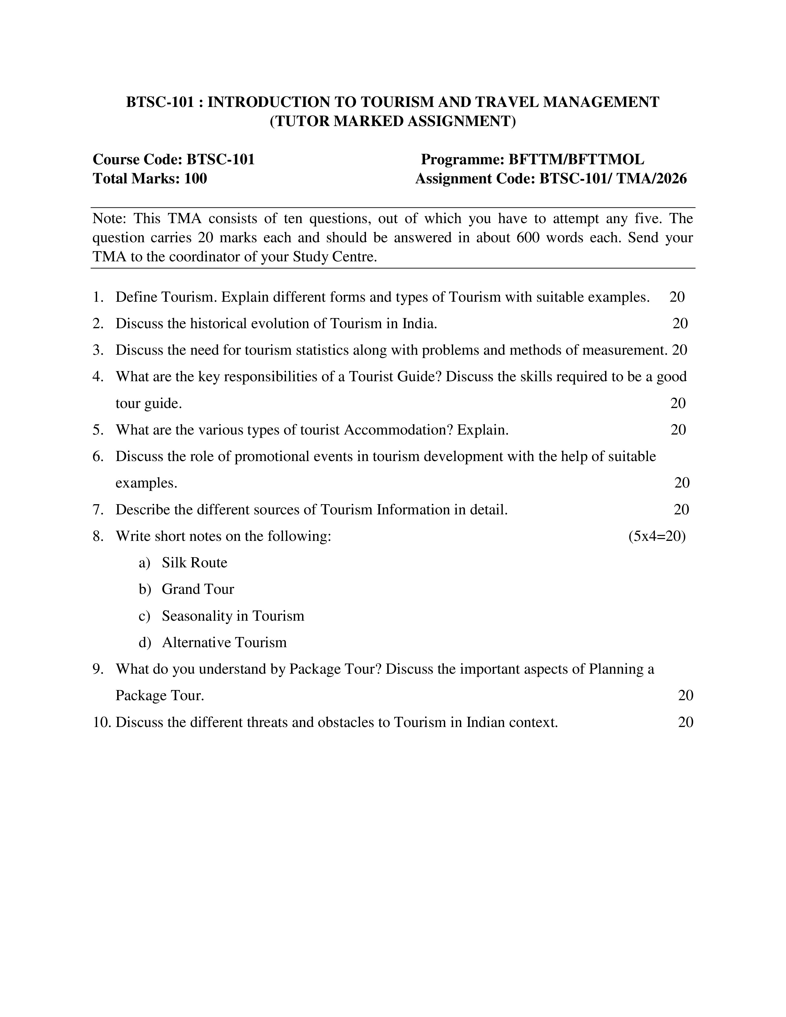 IGNOU BTSC 101 Solved Assignment 2026-26 – Introduction to Tourism and Travel Management (English) | IGNOU Students Portal