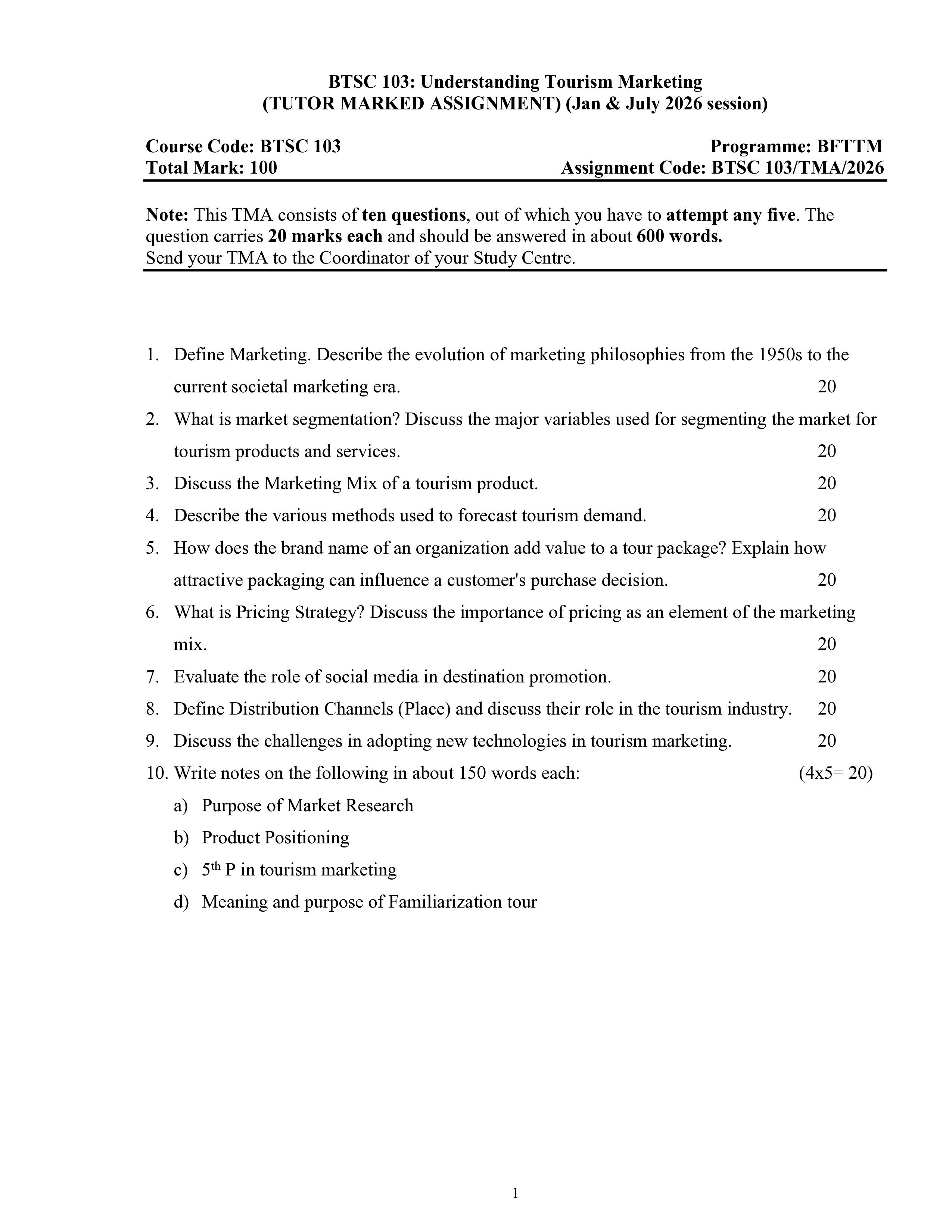 IGNOU BTSC 103 Solved Assignment 2026-26 – Understanding Tourism Marketing (English) | IGNOU Students Portal