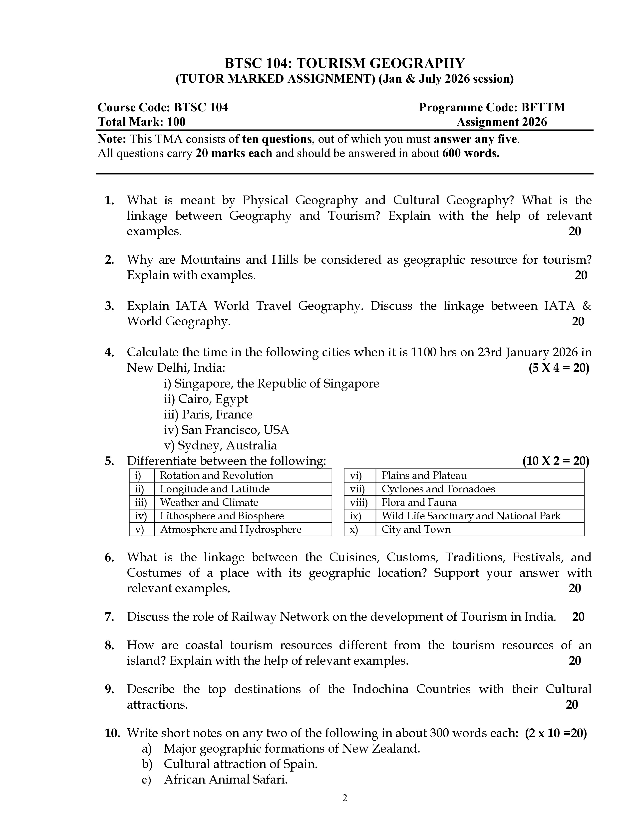 IGNOU BTSC 104 Solved Assignment 2026-26 – Tourism Geography (English) | IGNOU Students Portal