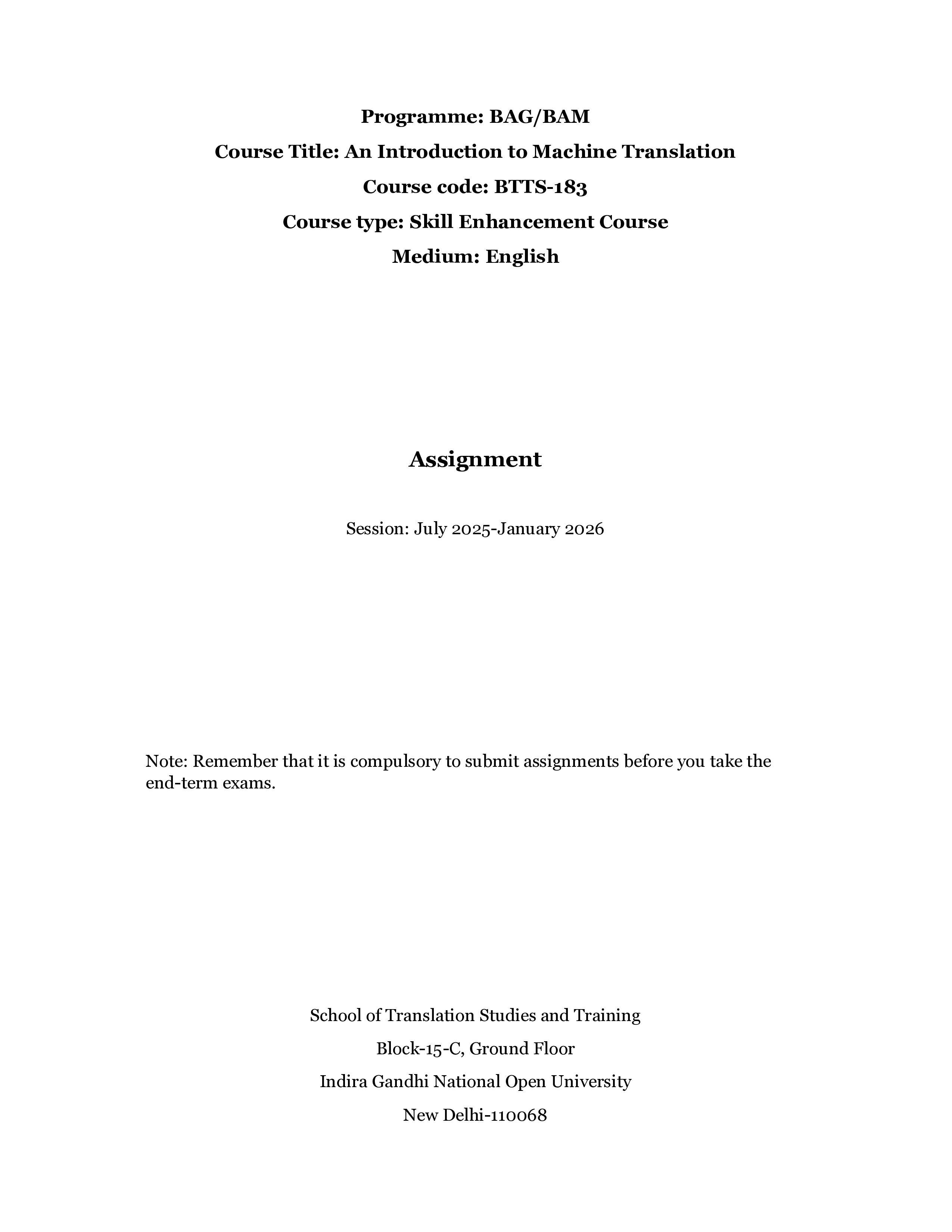 IGNOU BTTS 183 Solved Assignment 2025-2026 – An Introduction to Machine Translation (English) | IGNOU Students Portal