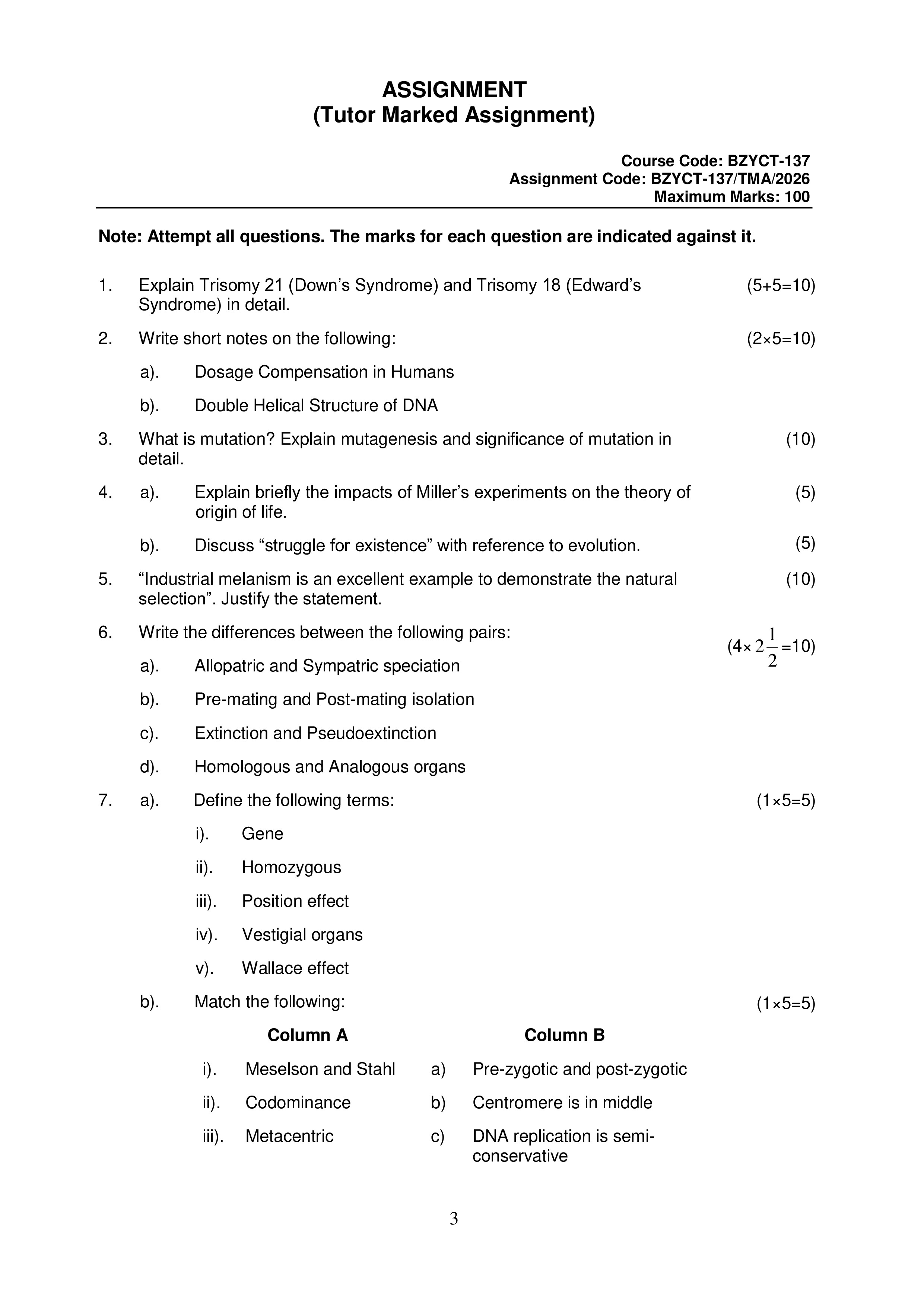 IGNOU BZYCT 137 Solved Assignment 2026-26 – Genetics and Evolutionary Biology (English) | IGNOU Students Portal