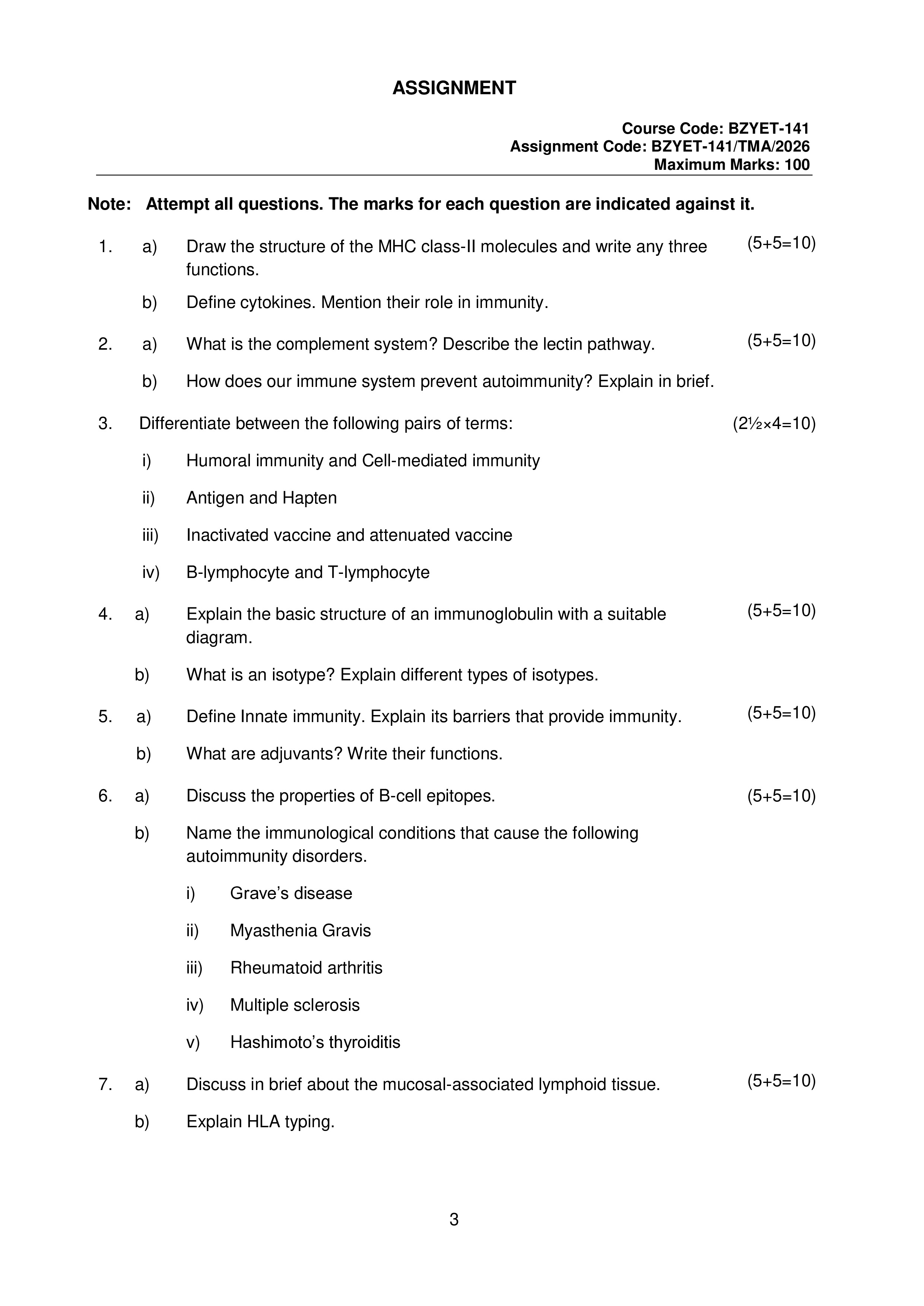 IGNOU BZYET 141 Solved Assignment 2026-26 – Immunology (English) | IGNOU Students Portal
