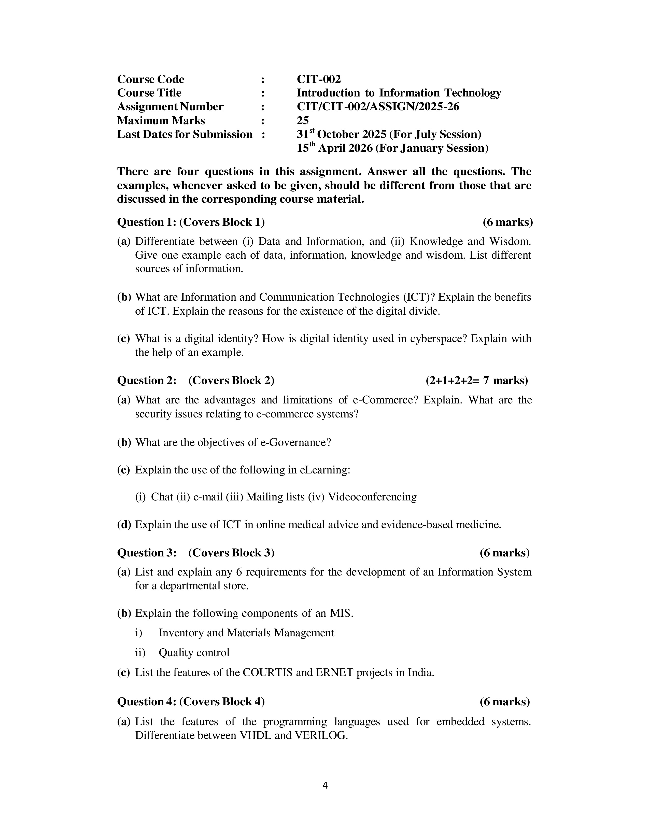 IGNOU CIT 002 Solved Assignment 2025-2026 – Introduction to Information Technology (English) | IGNOU Students Portal