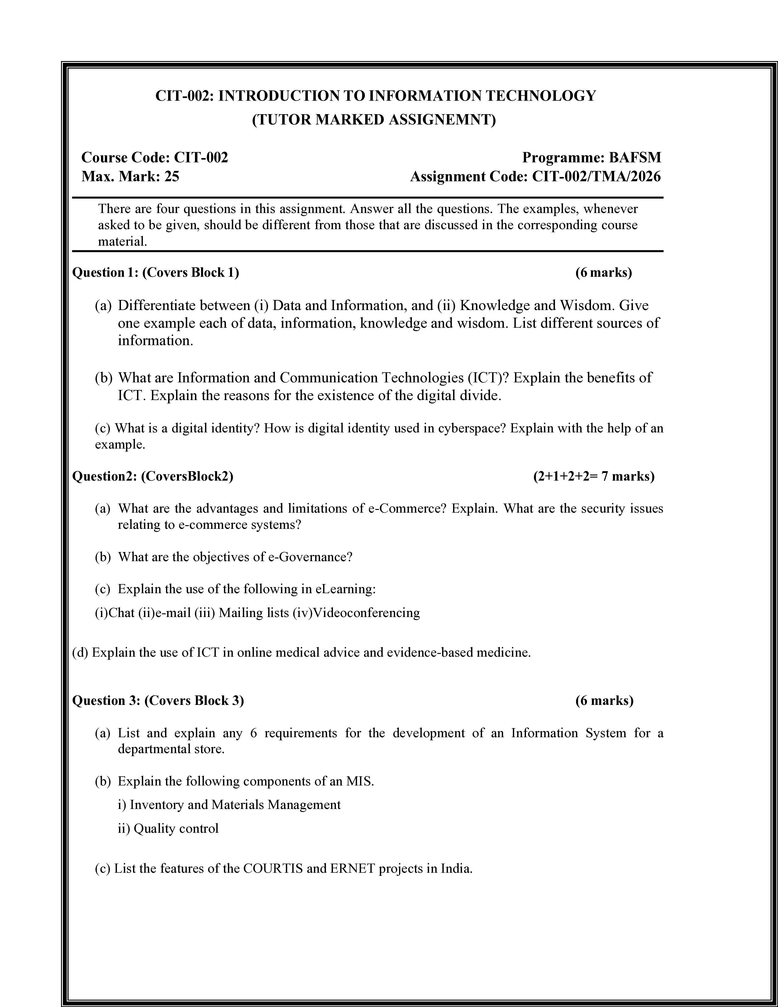 IGNOU CIT 002 Solved Assignment 2026-26 – Introduction to Information Technology (English) | IGNOU Students Portal