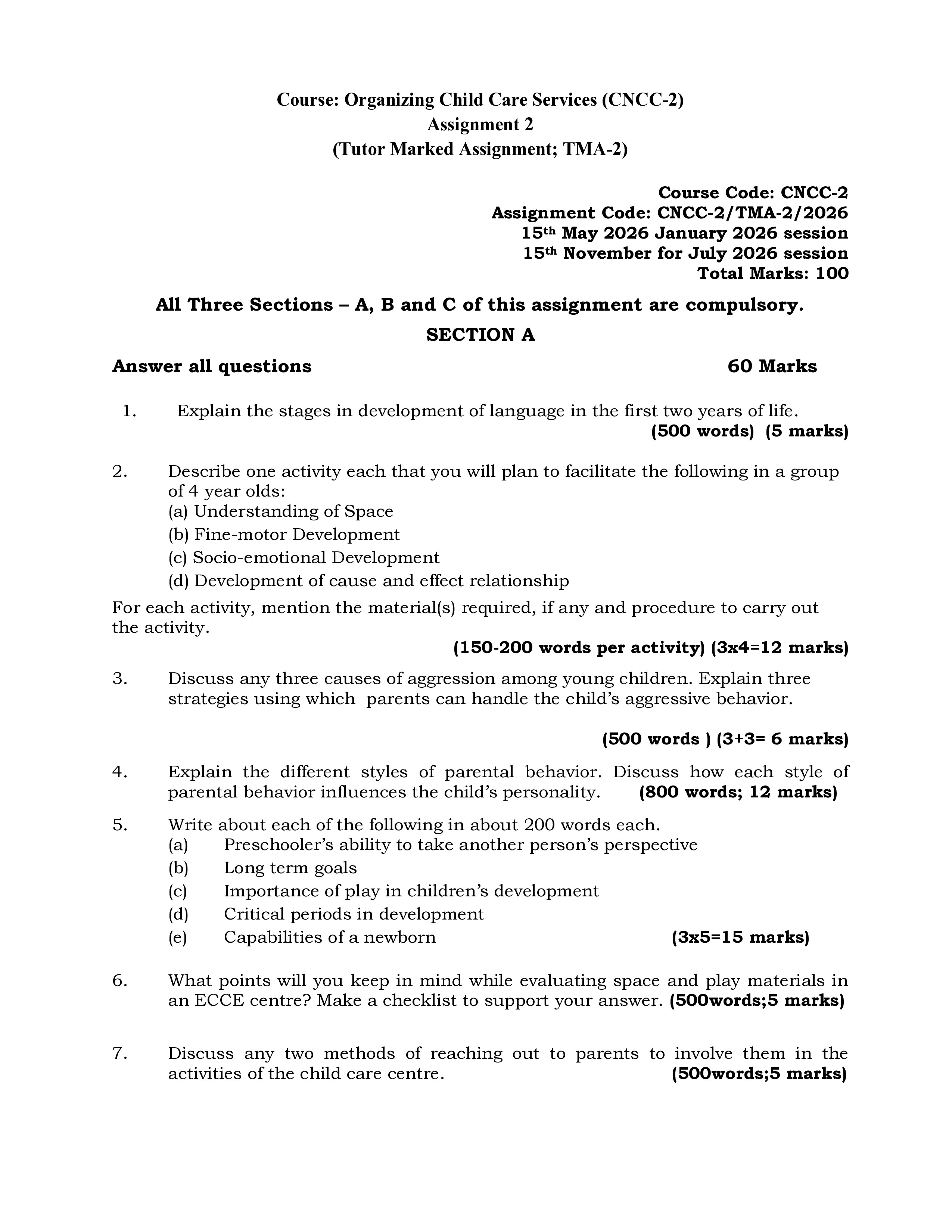 IGNOU CNCC 002 Solved Assignment 2026-26 – Organizing Child Care Services (English) | IGNOU Students Portal