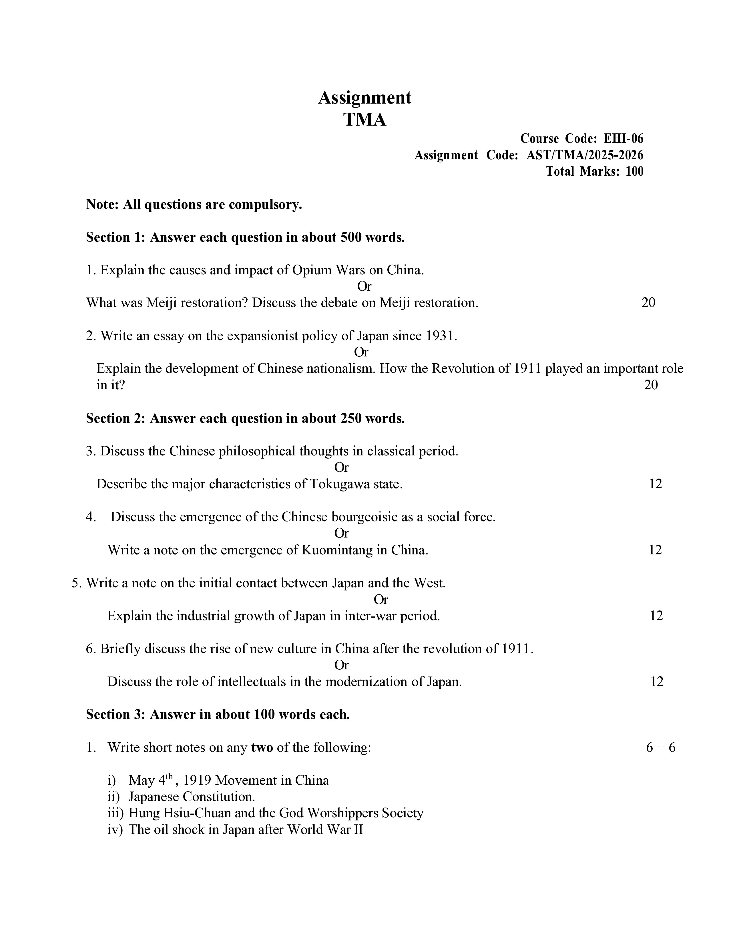 IGNOU EHI 006 Solved Assignment 2025-2026 – History of China and Japan (1840-1949) (English) | IGNOU Students Portal
