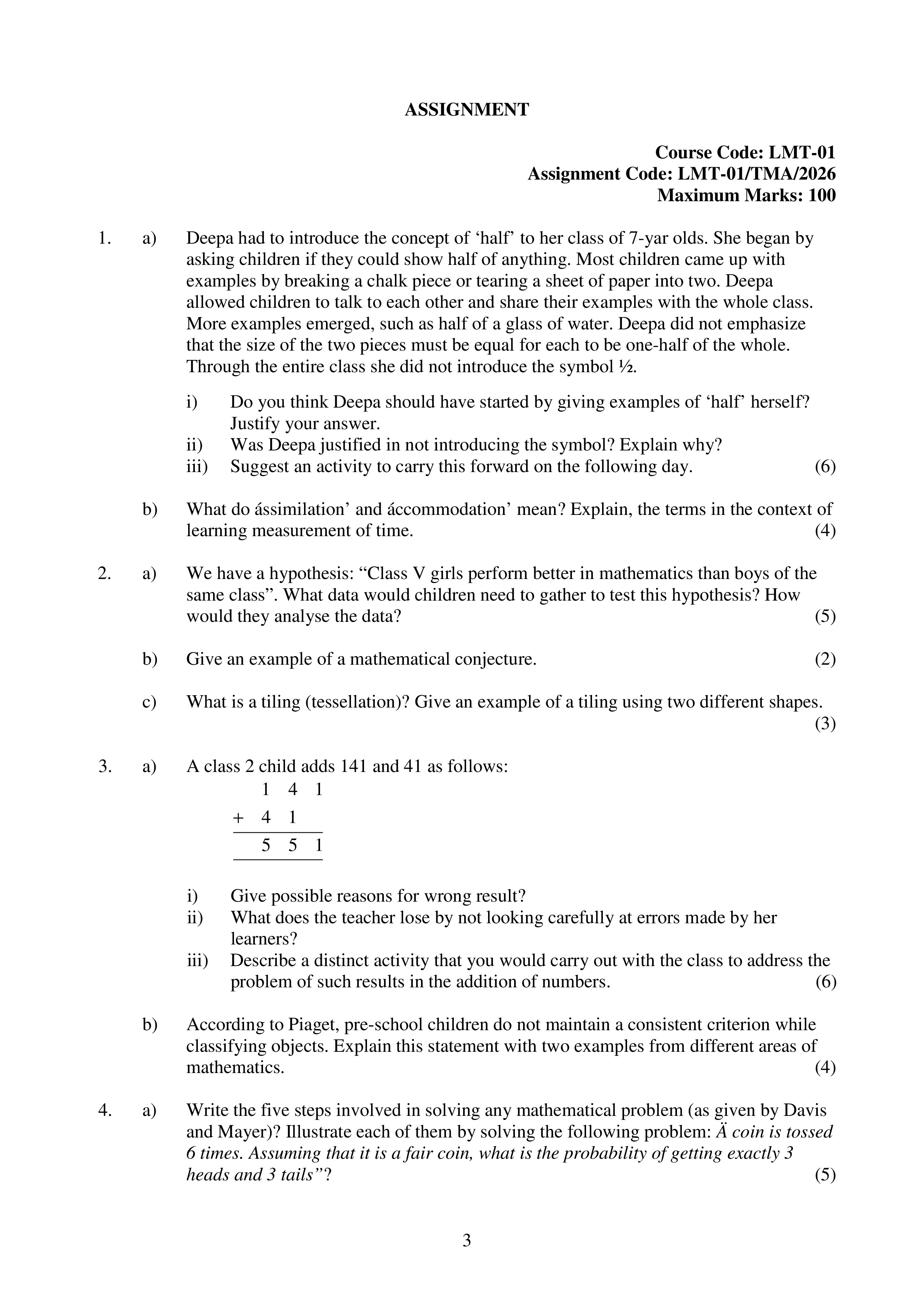 IGNOU LMT 001 Solved Assignment 2026-26 – Learning Mathematics (English) | IGNOU Students Portal