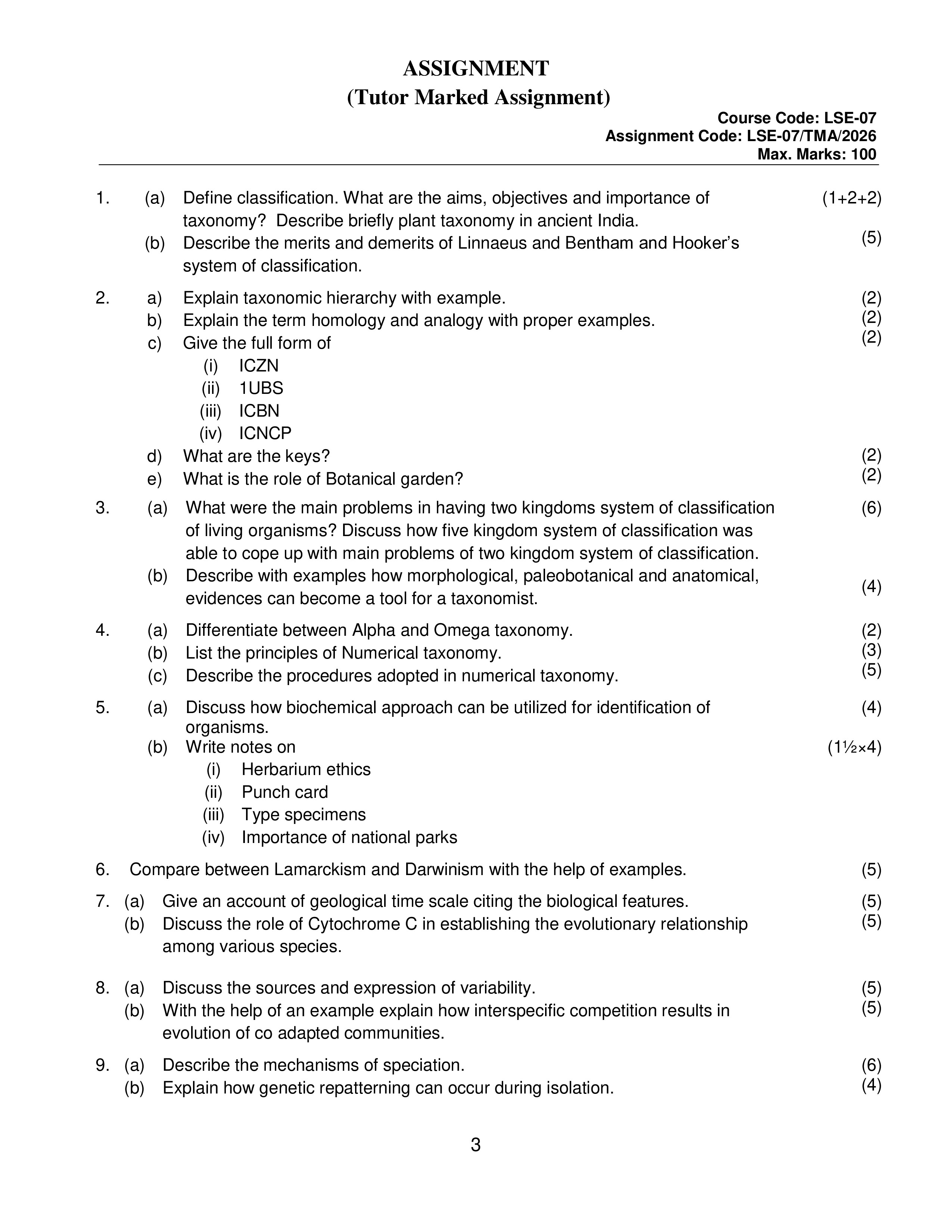 IGNOU LSE 007 Solved Assignment 2026-26 – Taxonomy and Evolution (English) | IGNOU Students Portal