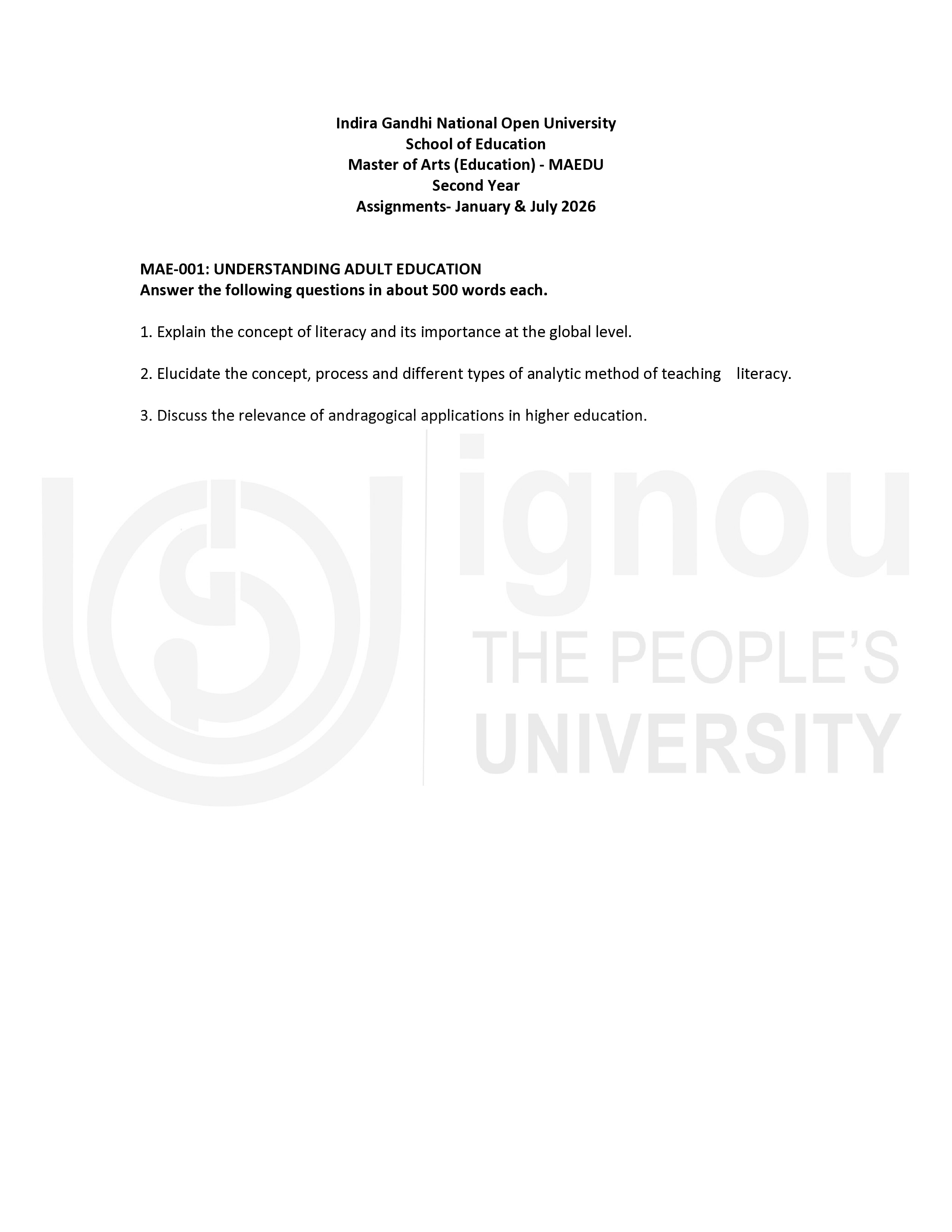 IGNOU MAE 001 Solved Assignment 2026-26 – Understanding Adult Education (English) | IGNOU Students Portal