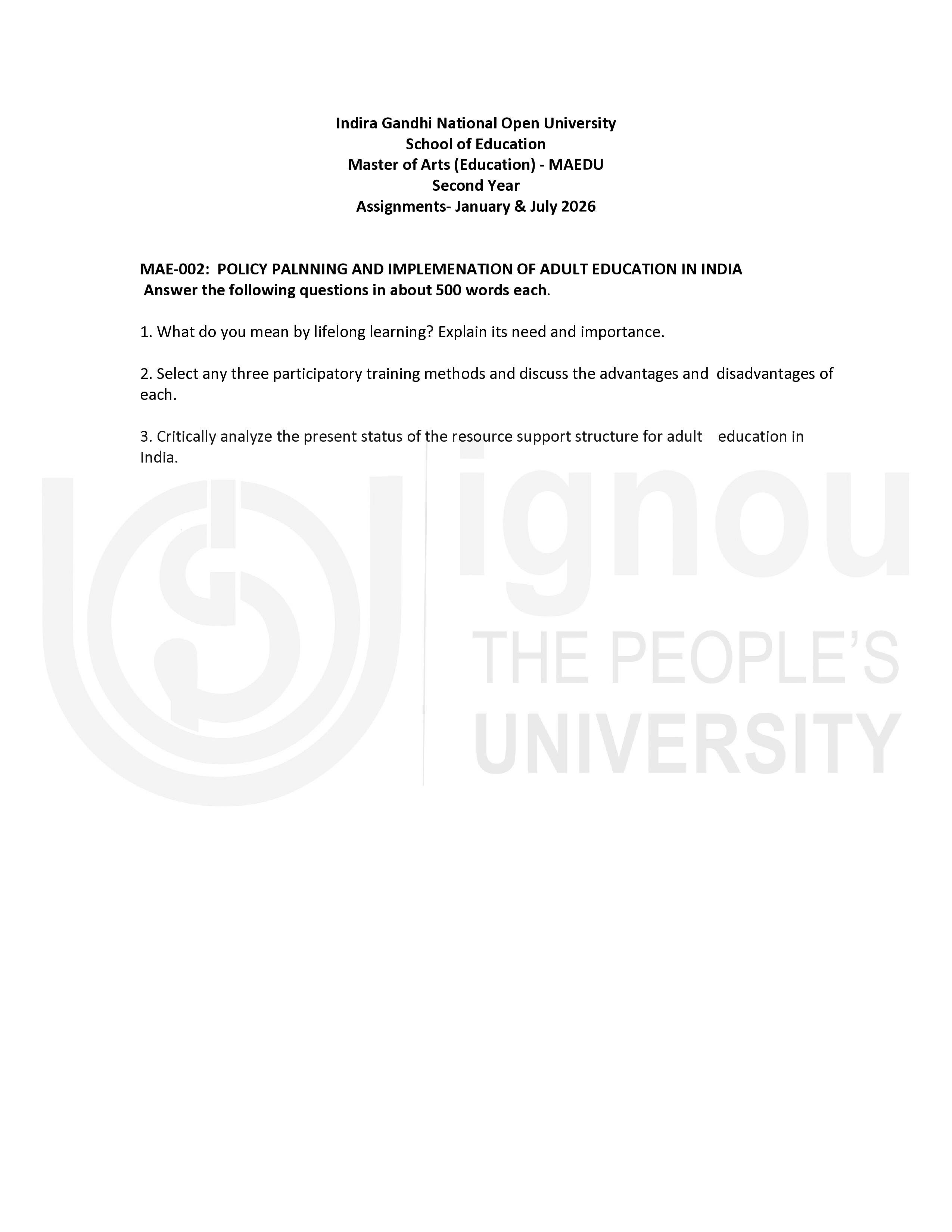 IGNOU MAE 002 Solved Assignment 2026-26 – Policy Planning and Implementation of Adult Education in India (English) | IGNOU Students Portal