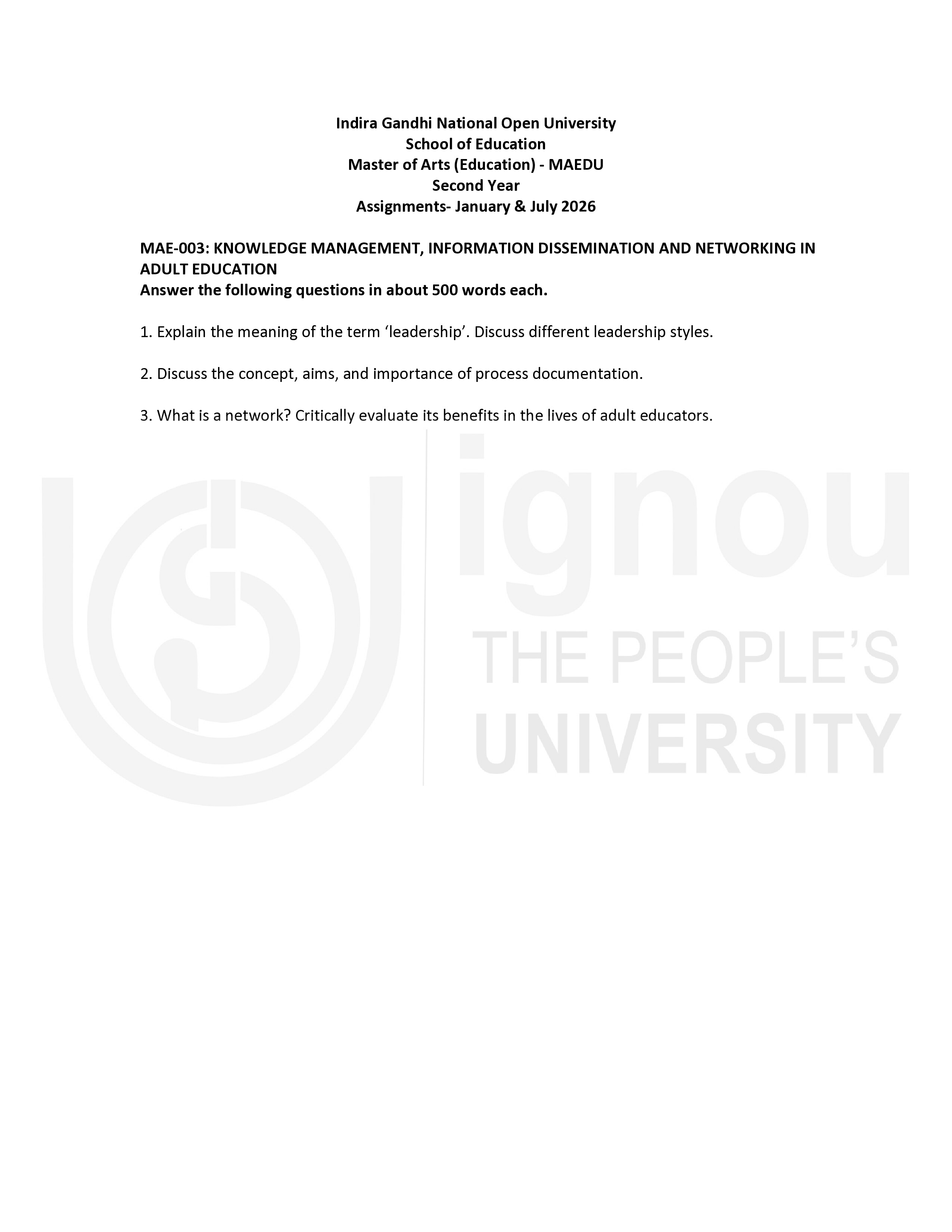 IGNOU MAE 003 Solved Assignment 2026-26 – Knowledge Management, Information Dissemination and Networking in Adult Education (English) | IGNOU Students Portal