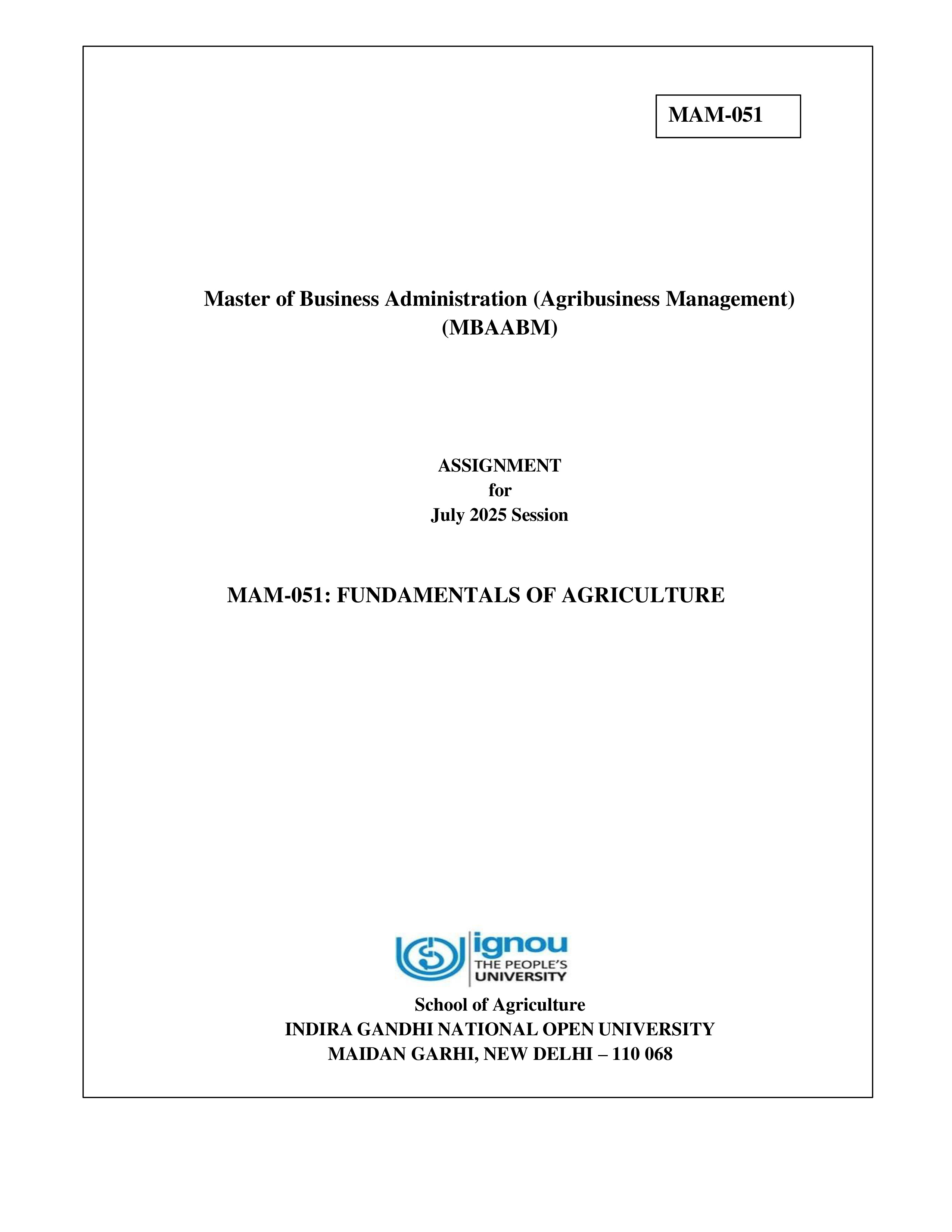 IGNOU MAM 051 Solved Assignment 2025-25 – Fundamentals of Agriculture (English) | IGNOU Students Portal