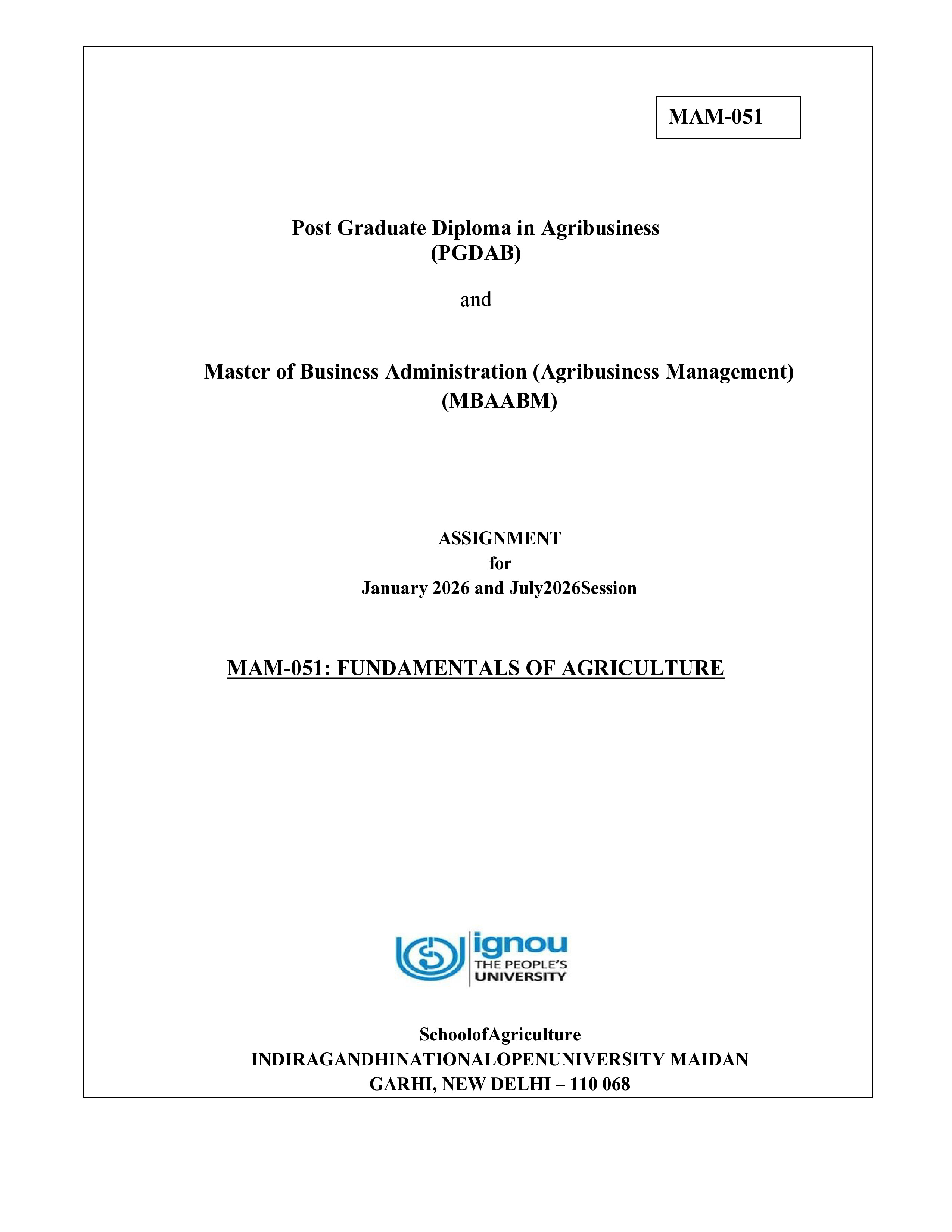 IGNOU MAM 051 Solved Assignment 2026-26 – Fundamentals of Agriculture (English) | IGNOU Students Portal