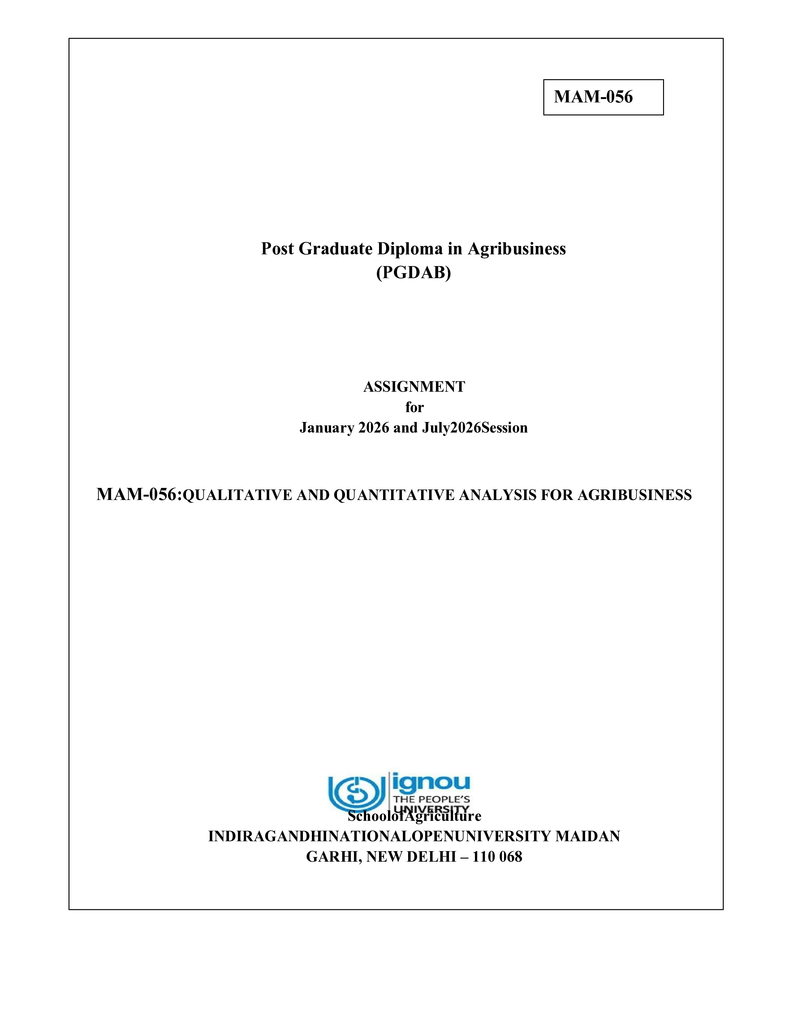 IGNOU MAM 056 Solved Assignment 2026-26 – Qualitative and Quantitative Analysis for Agribusiness (English) | IGNOU Students Portal