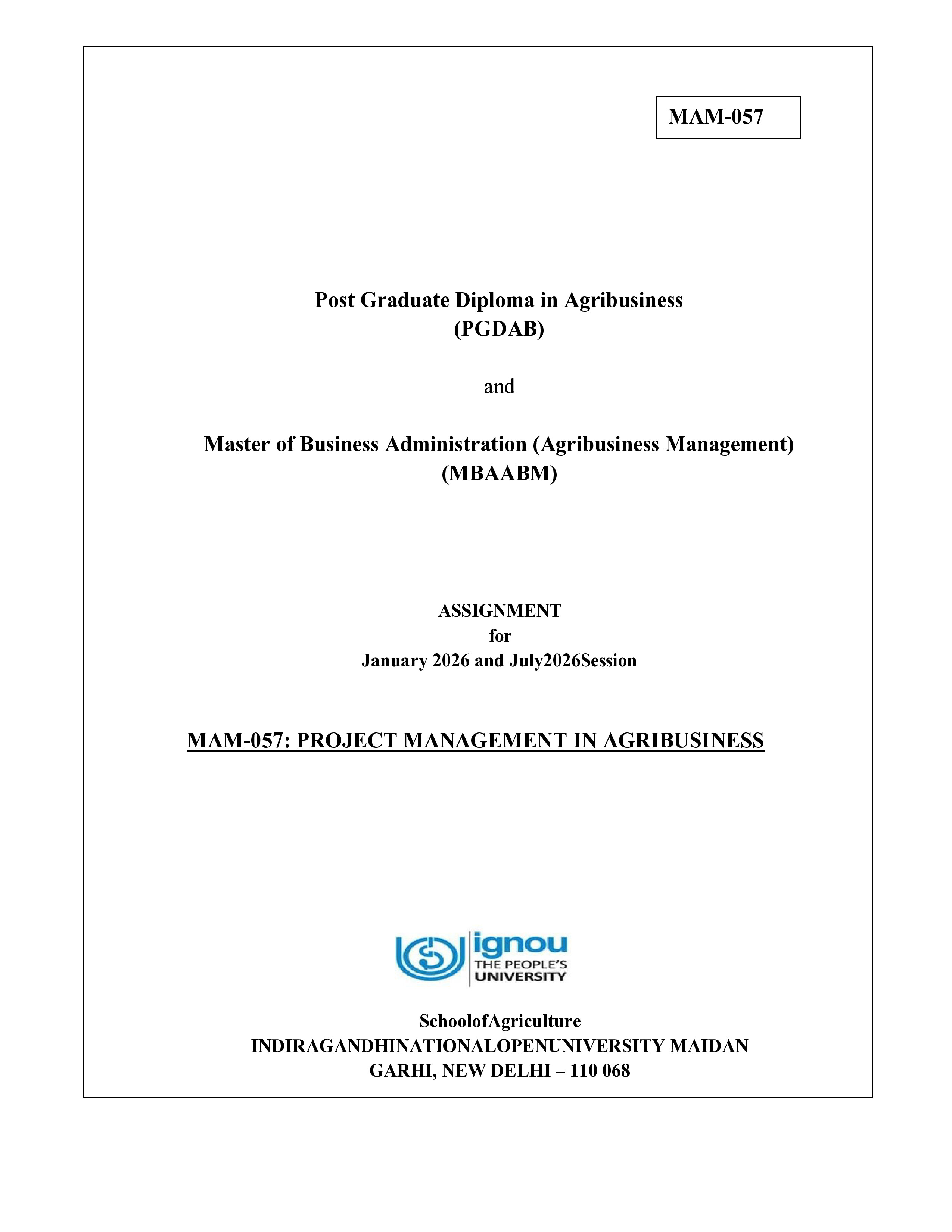 IGNOU MAM 057 Solved Assignment 2026-26 – Project Management in Agribusiness (English) | IGNOU Students Portal
